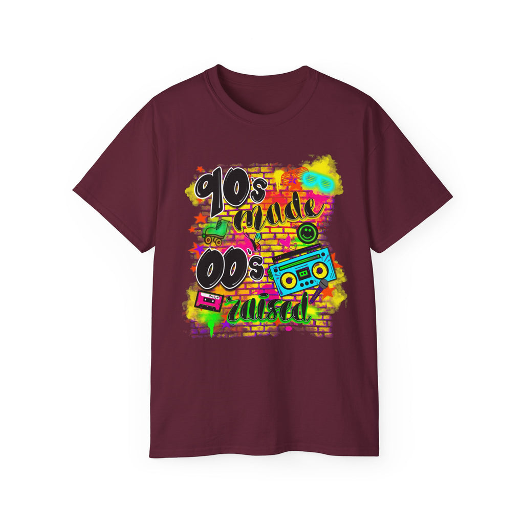90s Made 00s Raised T-Shirt — Neon Retro Boombox Graphic Tee