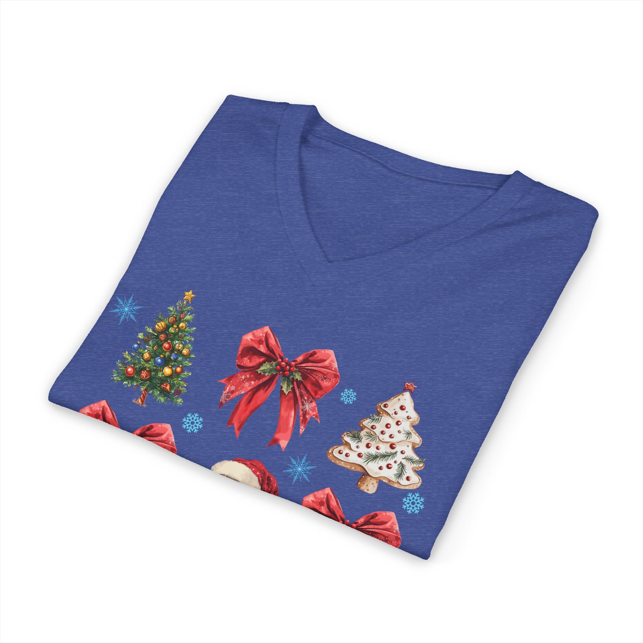 Christmas Icons V-Neck Tee — Santa, Trees & Holiday Bows