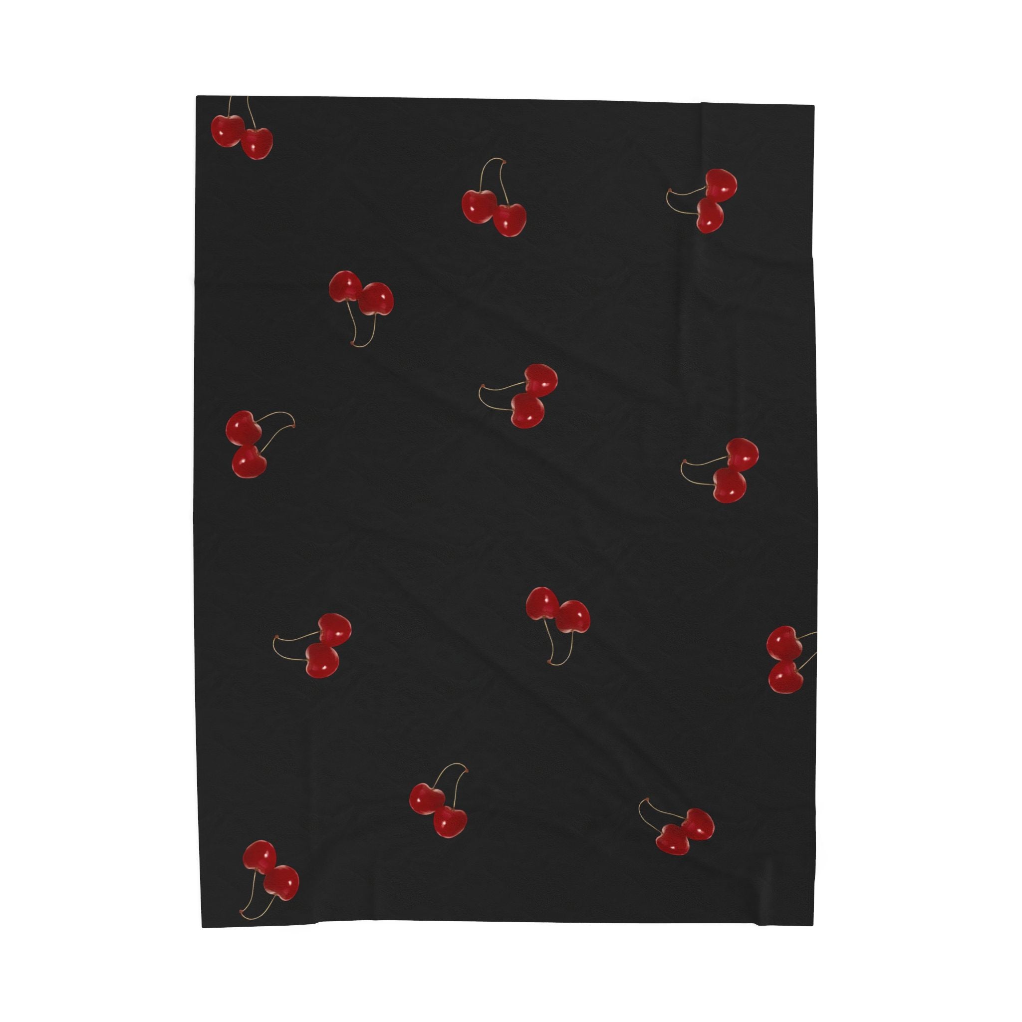 Red Cherry Pattern Velveteen Plush Blanket | Black Background, Cute Fruit Print