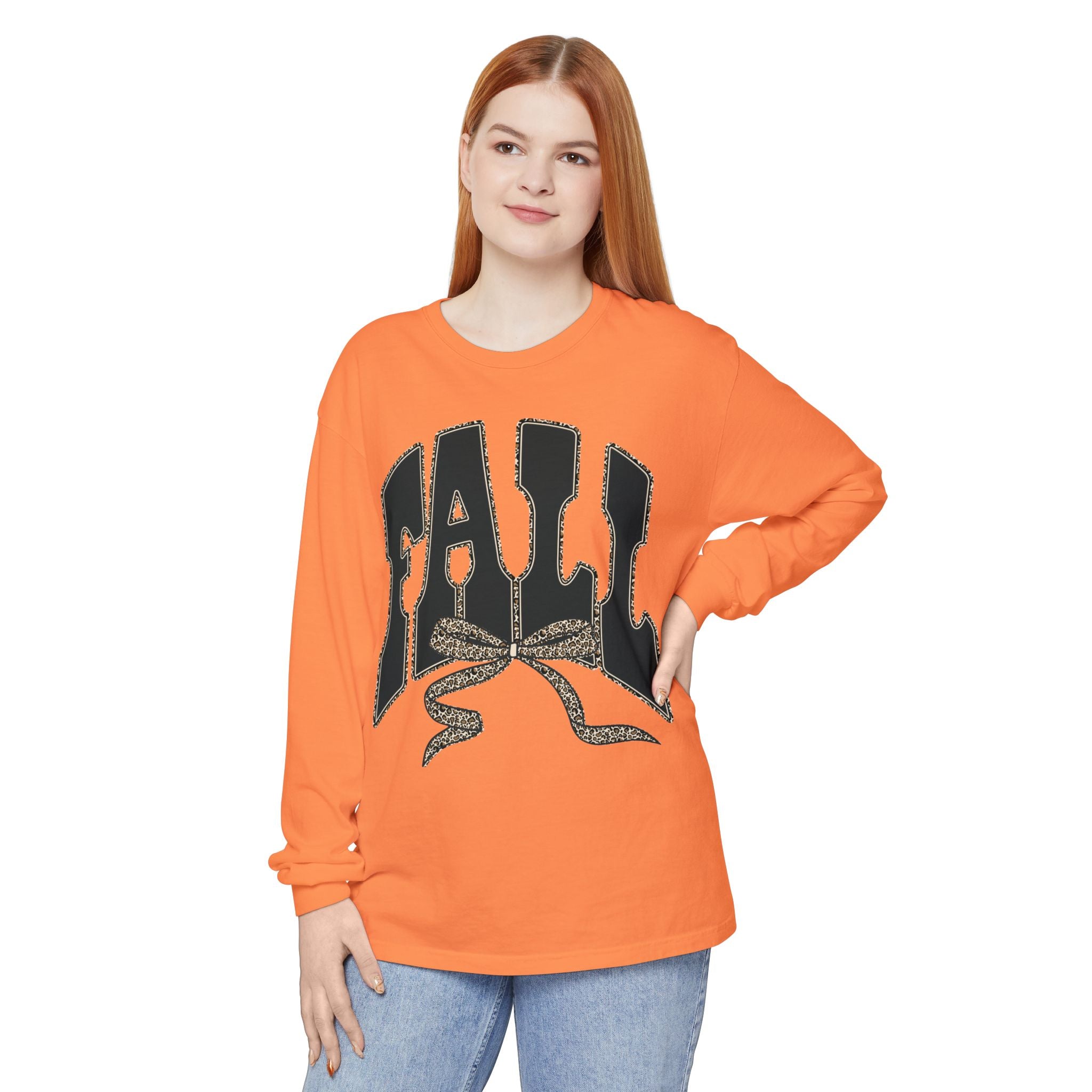 Fall Bow Long Sleeve Tee — 'FALL' Graphic Garment-Dyed Shirt
