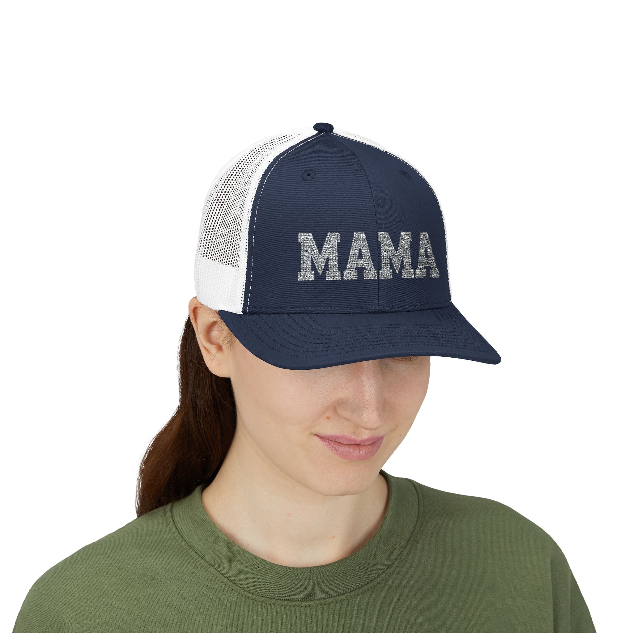 Mama Snapback Trucker Cap — Glitter Script "MAMA" Mesh Back Hat for Moms, Mother's Day Gift