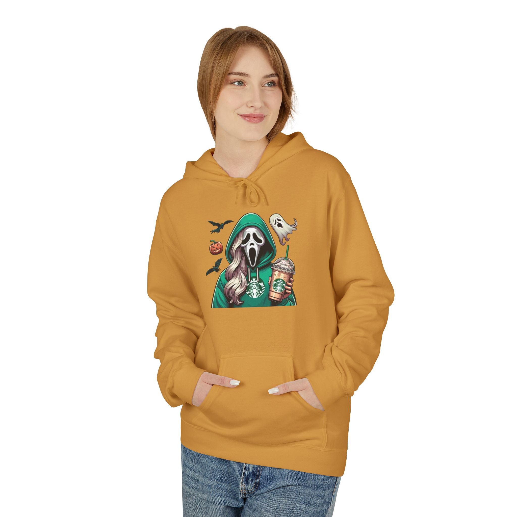 Halloween Ghost Rider Hoodie — Cute Grim Reaper with Pumpkin & Coffee Graphic