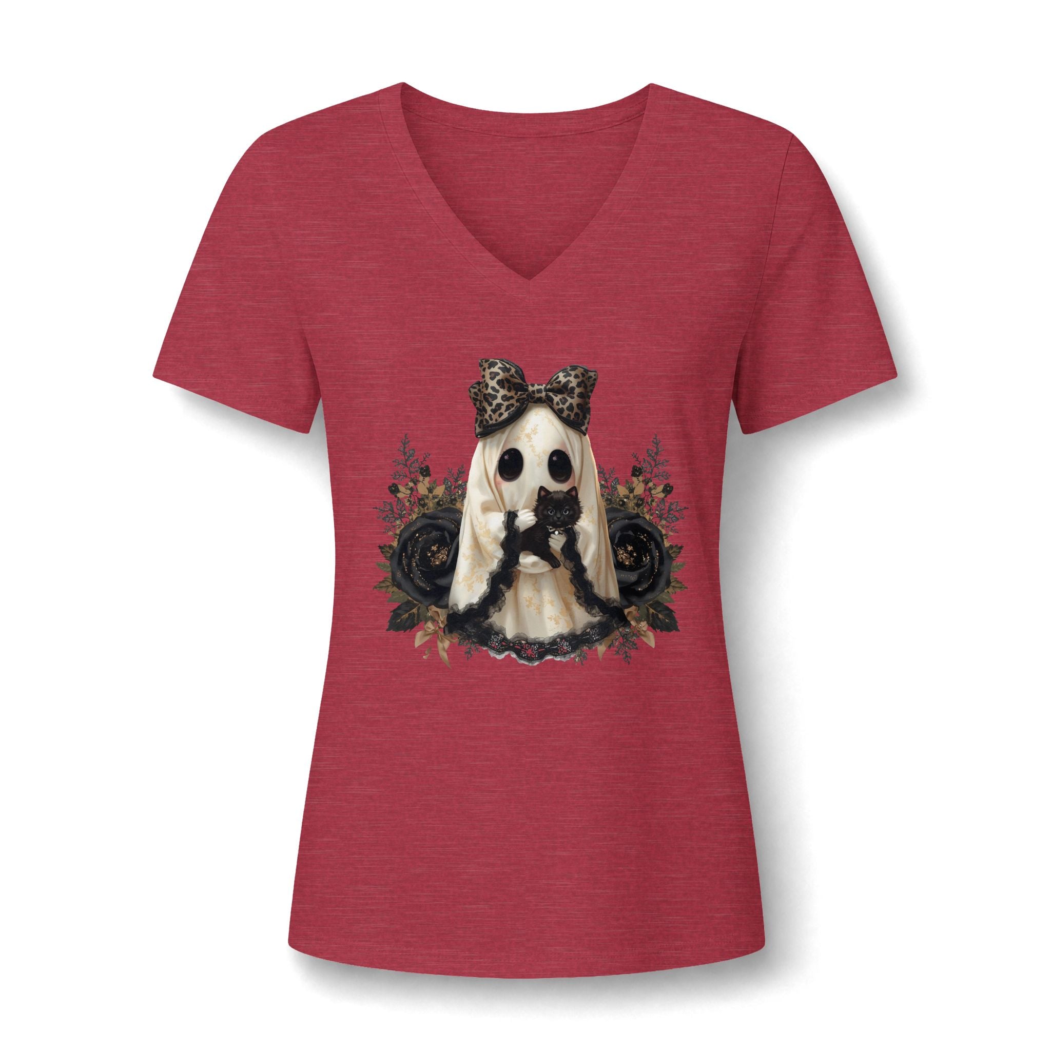 Women's V-Neck Tee — Gothic Doll with Leopard Bow Graphic