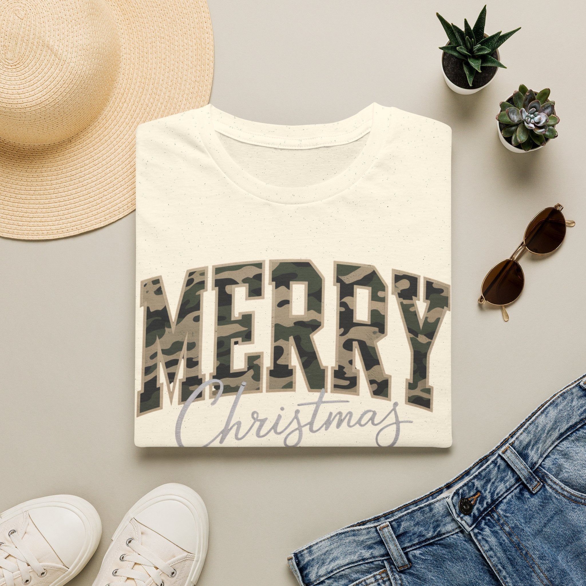 Merry Christmas Camo Tee — Women's Holiday Graphic T-Shirt