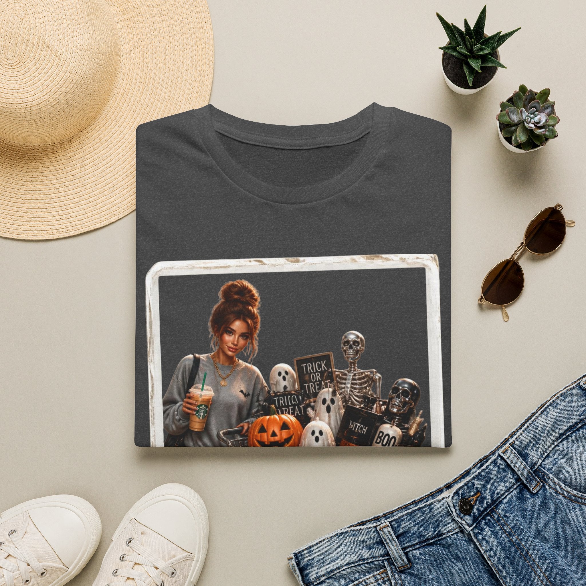 Halloween Cozy Tee — Woman with Pumpkin & Skeleton Graphic