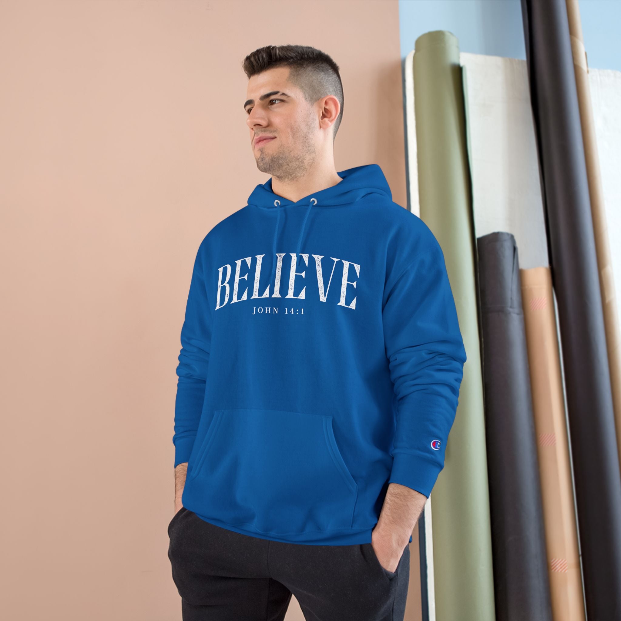 Believe Champion Hoodie — Inspirational Pullover with 'Believe' Script