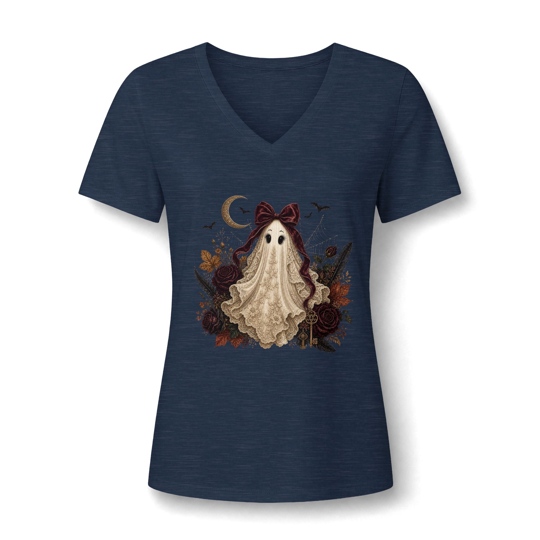 Ghost Girl V-Neck Tee — Cute Vintage Halloween Ghost Design