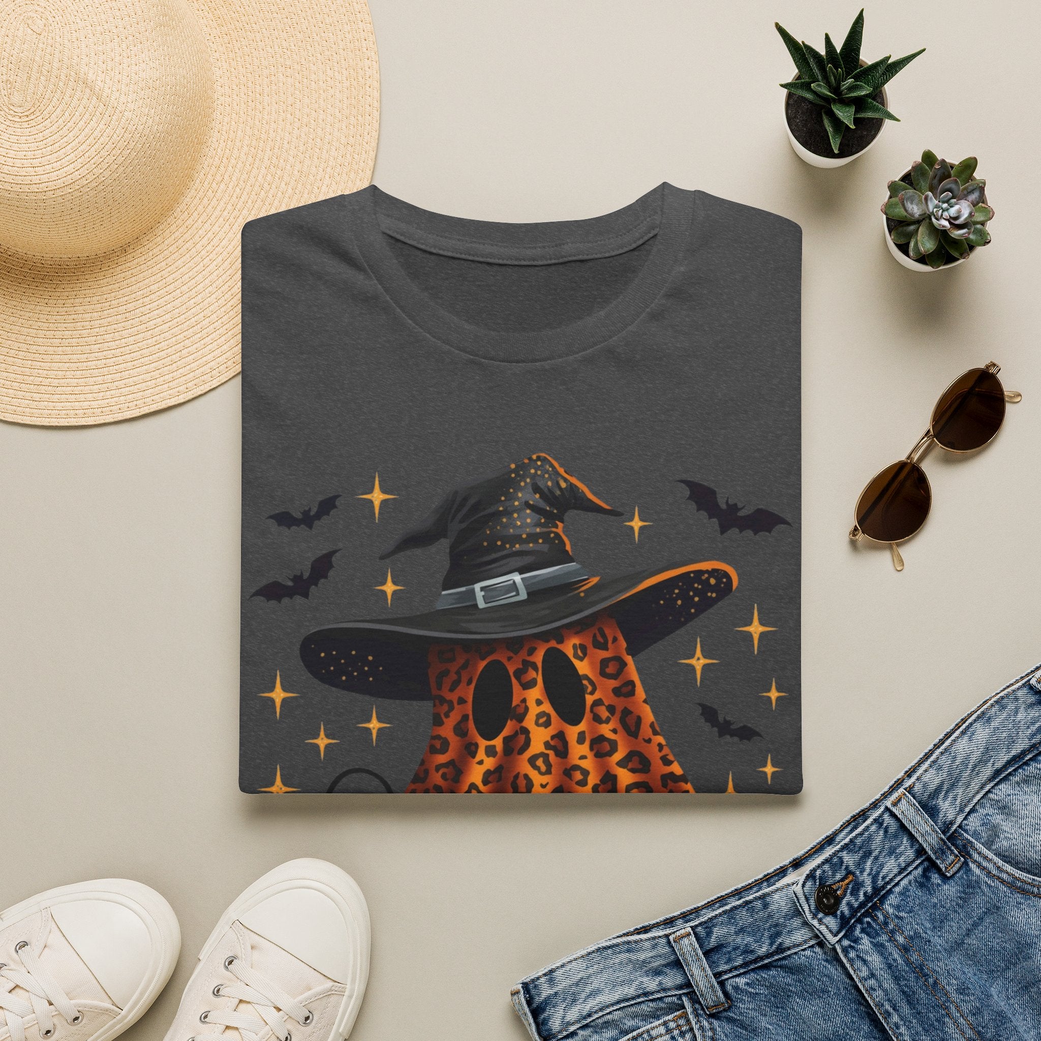 Halloween Leopard Ghost T-Shirt — Witch Hat & Bats Graphic