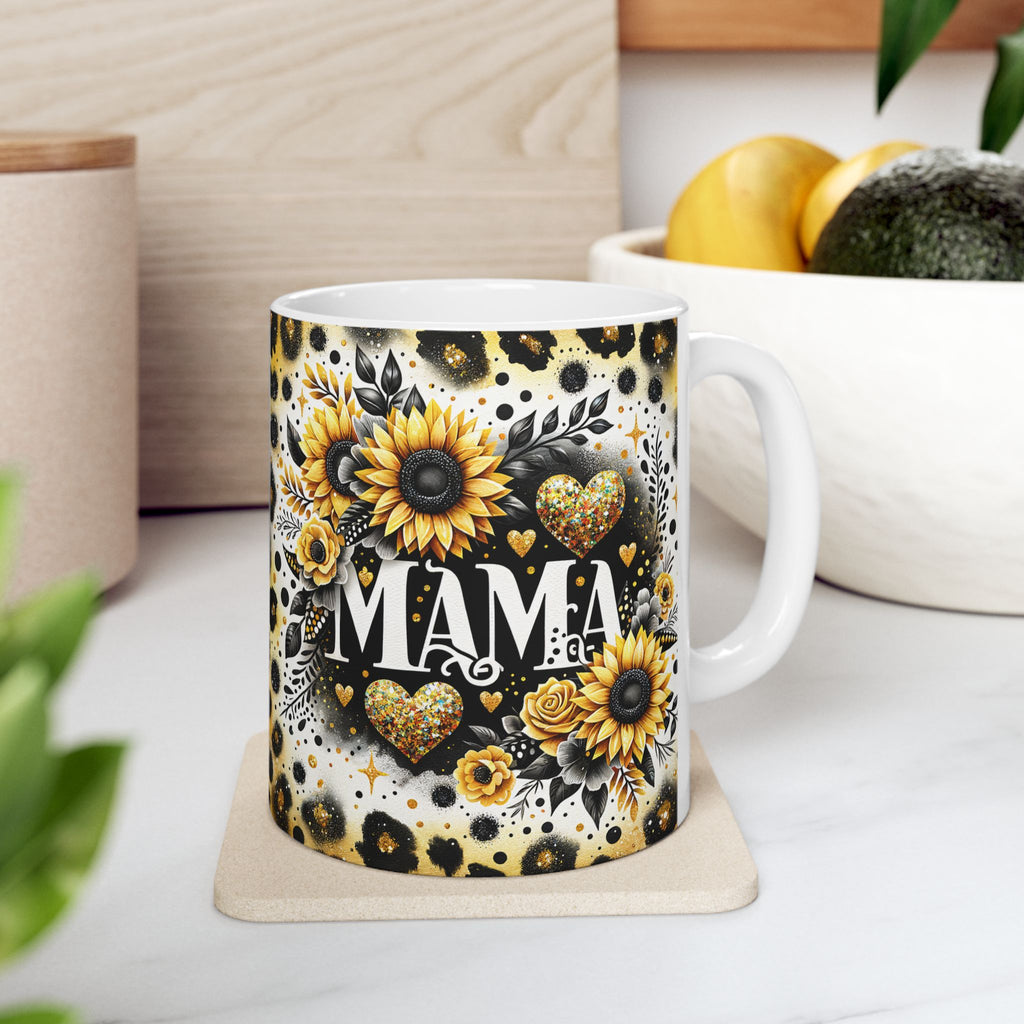 Sunflower Leopard 'Mama' Ceramic Mug — Floral Animal Print Coffee Cup (11oz & 15oz)