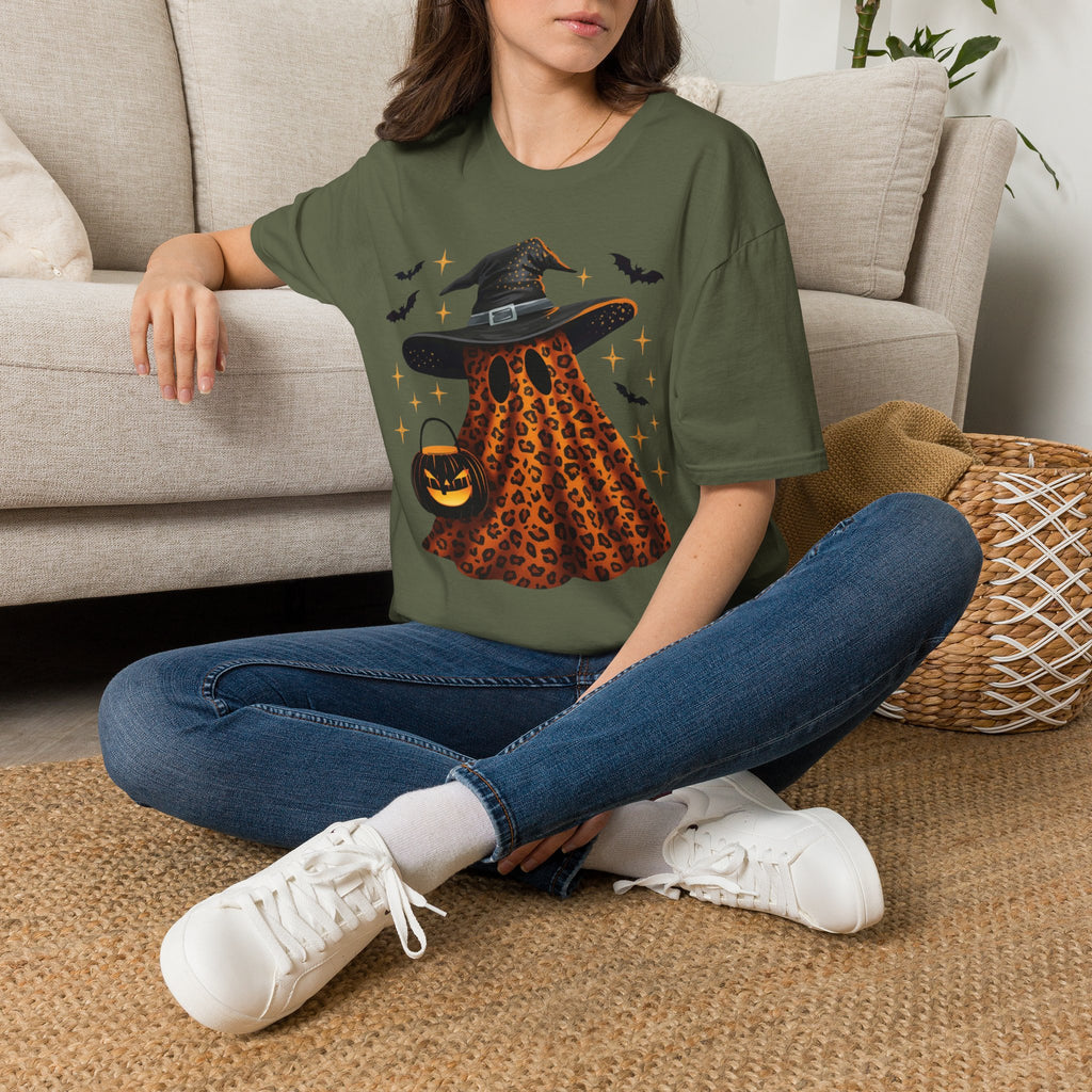 Halloween Leopard Ghost T-Shirt — Witch Hat & Bats Graphic
