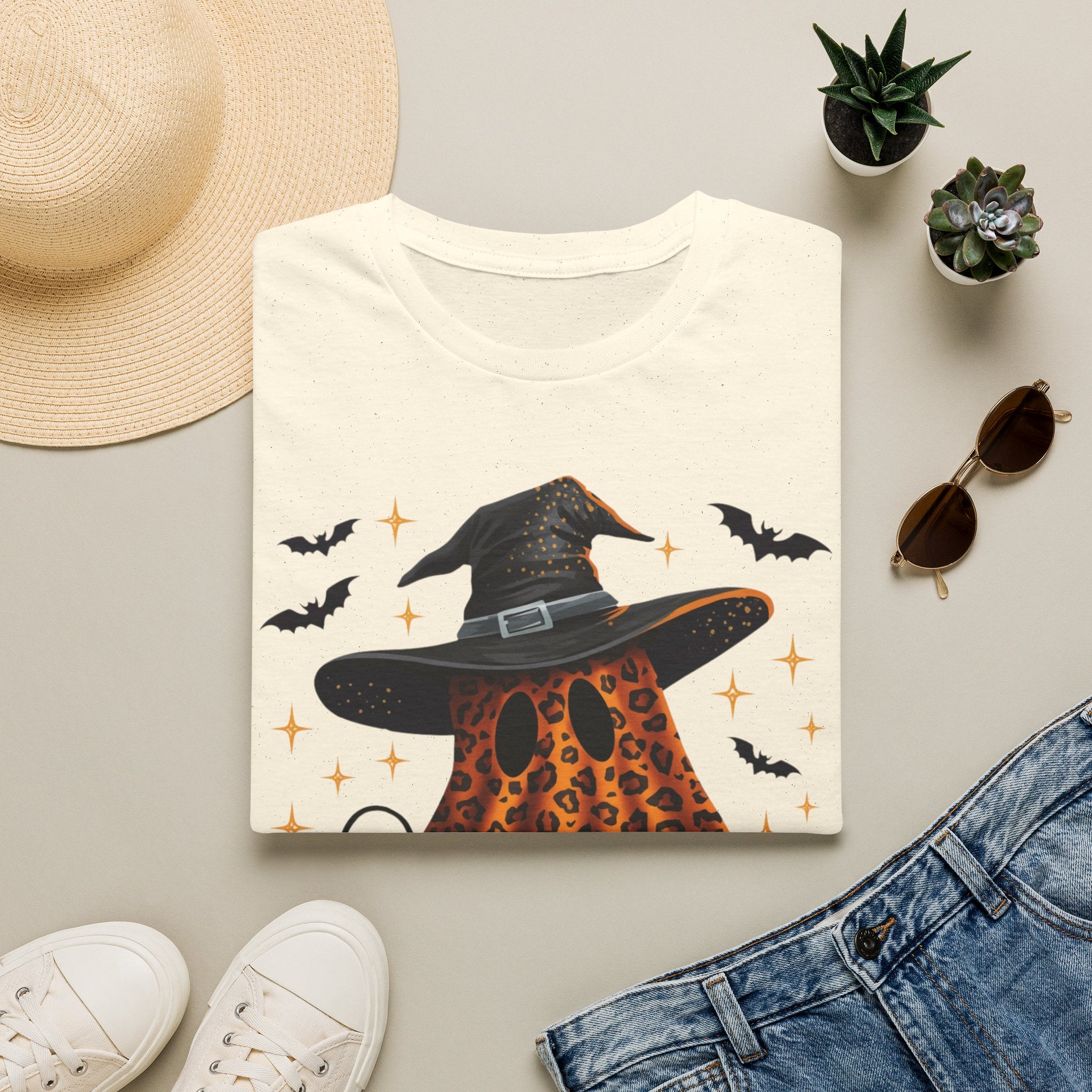 Halloween Leopard Ghost T-Shirt — Witch Hat & Bats Graphic
