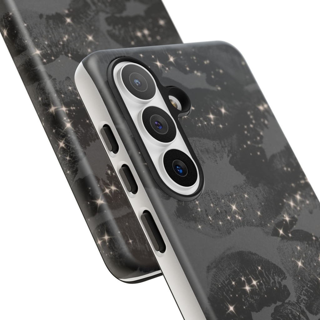 Black Glitter Kiss Phone Case — Sparkling Lip Print Protective Cover