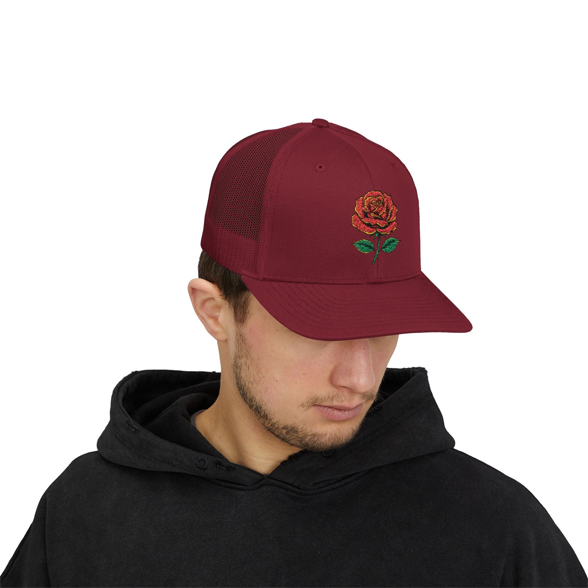 Embroidered Red Rose Trucker Cap