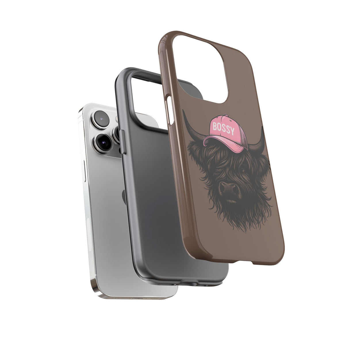 Phone Case — Highland Cow Wearing 'BOSSY' Pink Hat, Cute Farm Animal Protective Cover