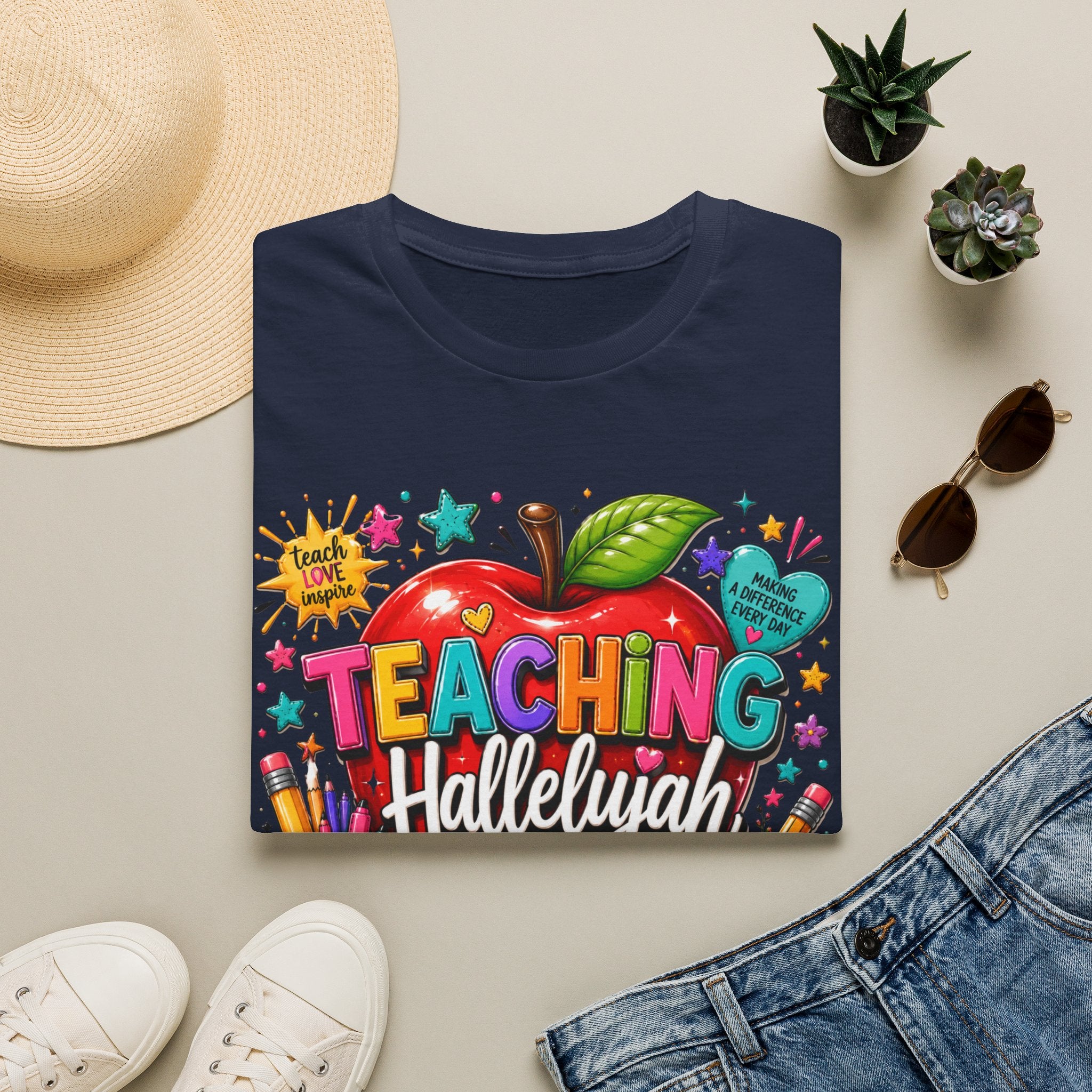 Teacher T-Shirt — "Teaching Hallelujah" Colorful Apple Classroom Tee