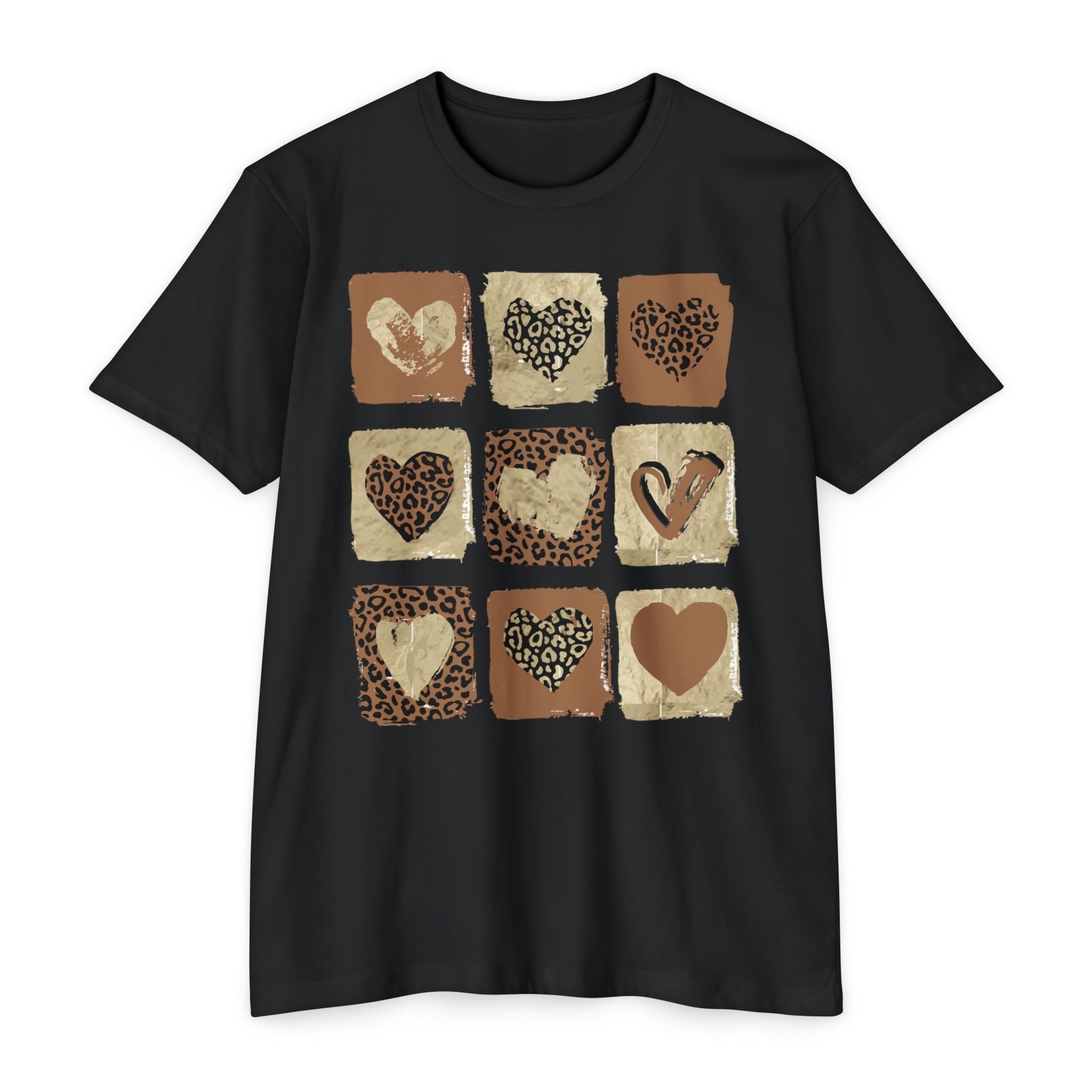 Leopard Hearts T‑Shirt — Neutral Animal Print Heart Grid Tee