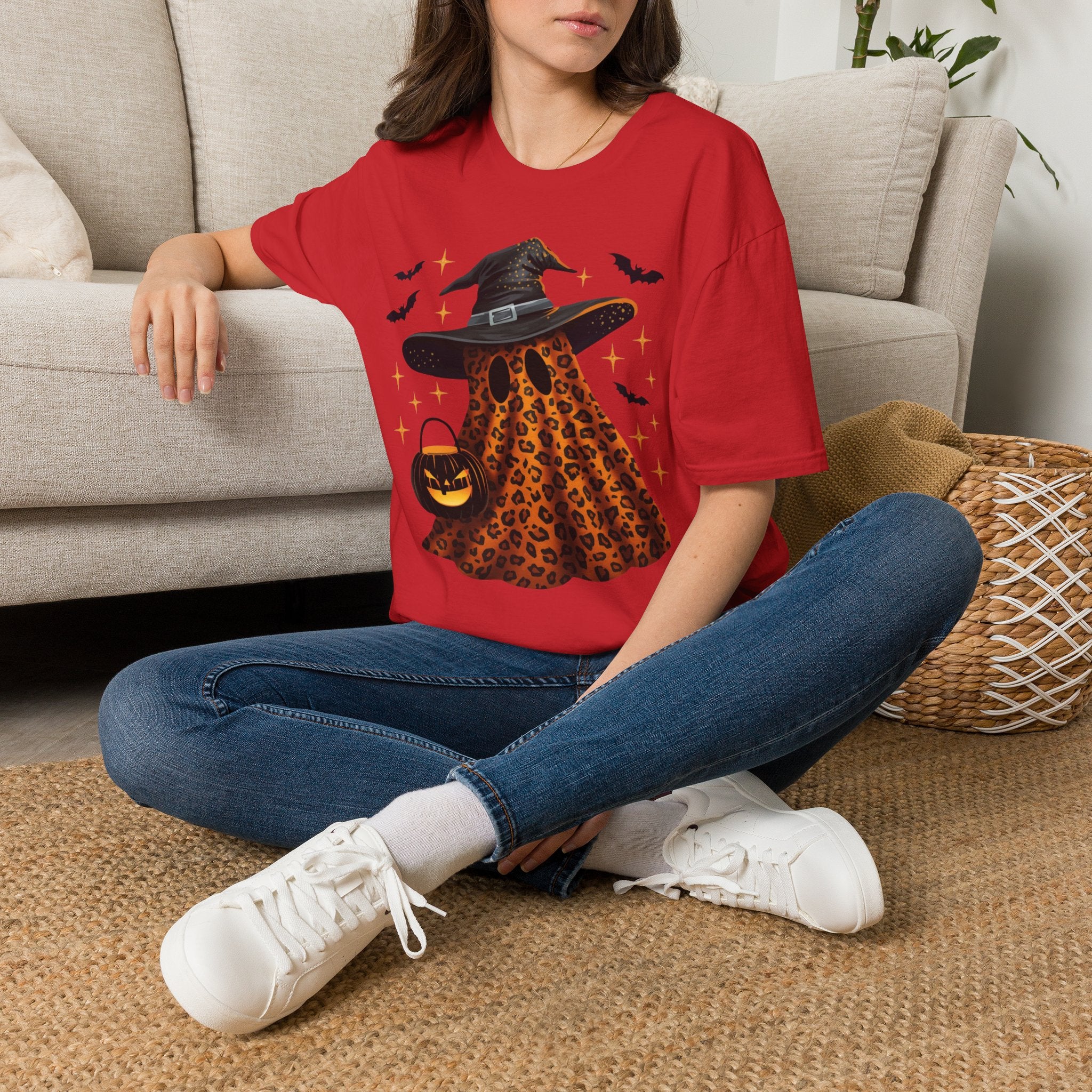 Halloween Leopard Ghost T-Shirt — Witch Hat & Bats Graphic