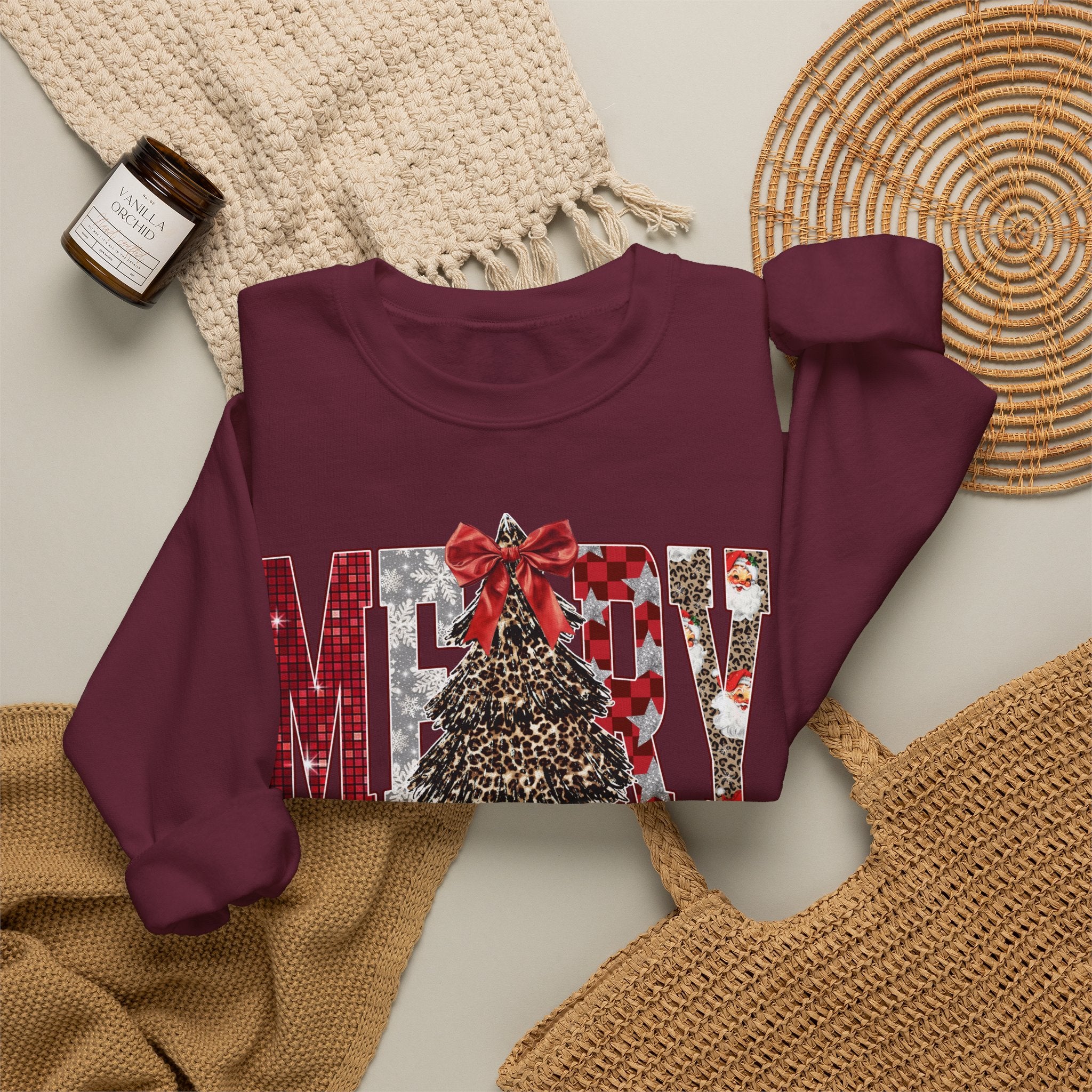 Merry Christmas Crewneck Sweatshirt — Festive Tree & Bow Holiday Sweatshirt