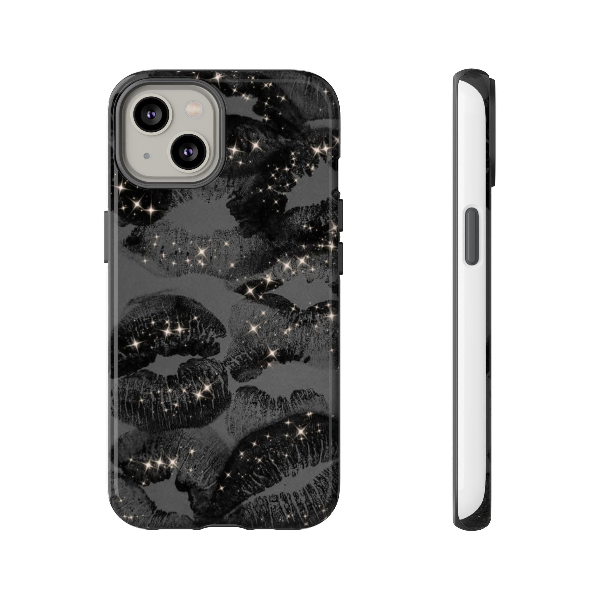 Black Glitter Kiss Phone Case — Sparkling Lip Print Protective Cover