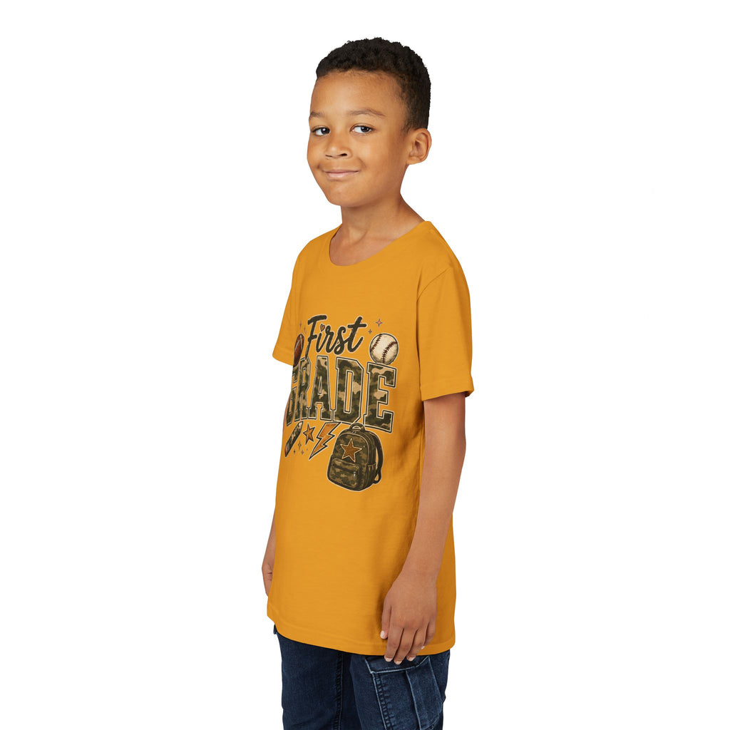 First Grade Kids T‑Shirt — Back to School Sports Backpack Design