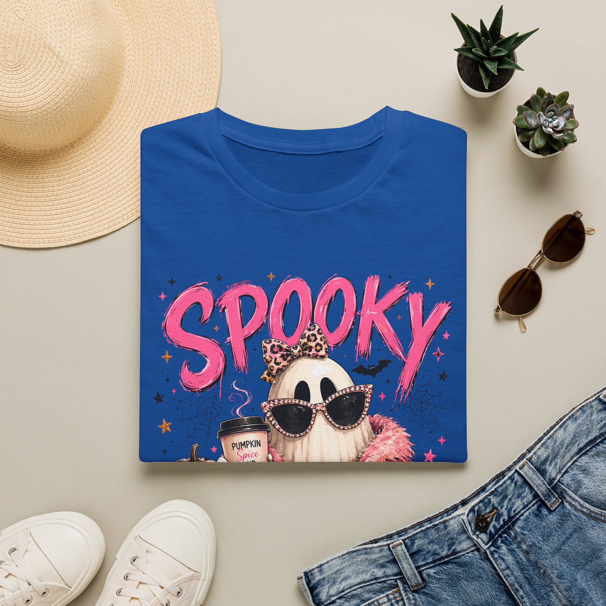Spooky Glam T-Shirt — Cute Pink Ghost with Sunglasses & Pumpkin Latte