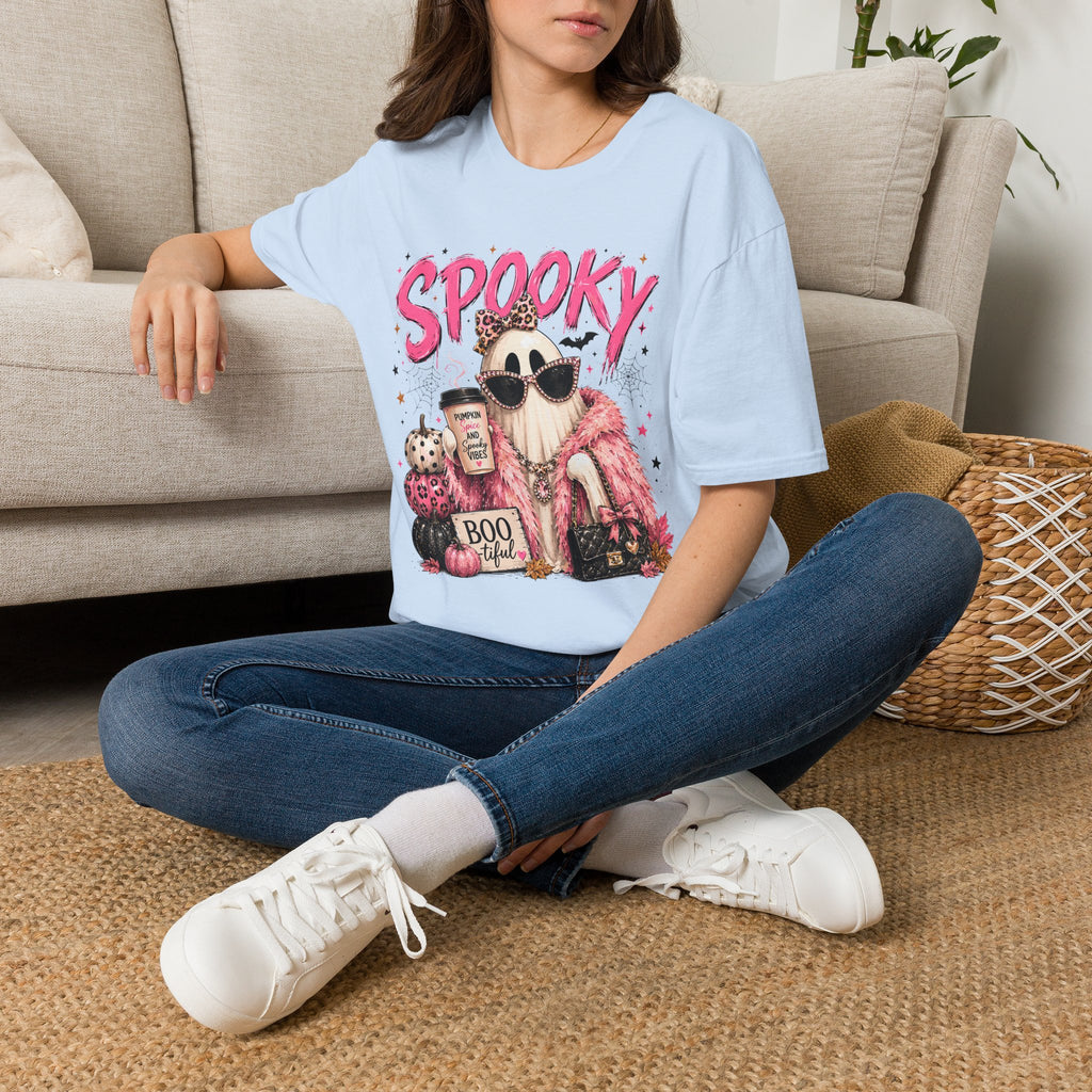 Spooky Glam T-Shirt — Cute Pink Ghost with Sunglasses & Pumpkin Latte