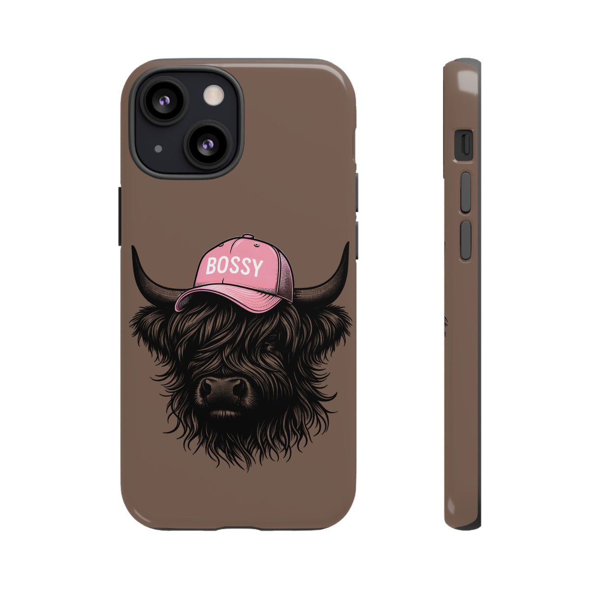 Phone Case — Highland Cow Wearing 'BOSSY' Pink Hat, Cute Farm Animal Protective Cover