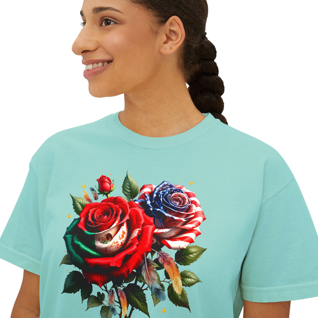 Women’s Boxy Tee — Vintage Red & Blue Rose Floral Graphic
