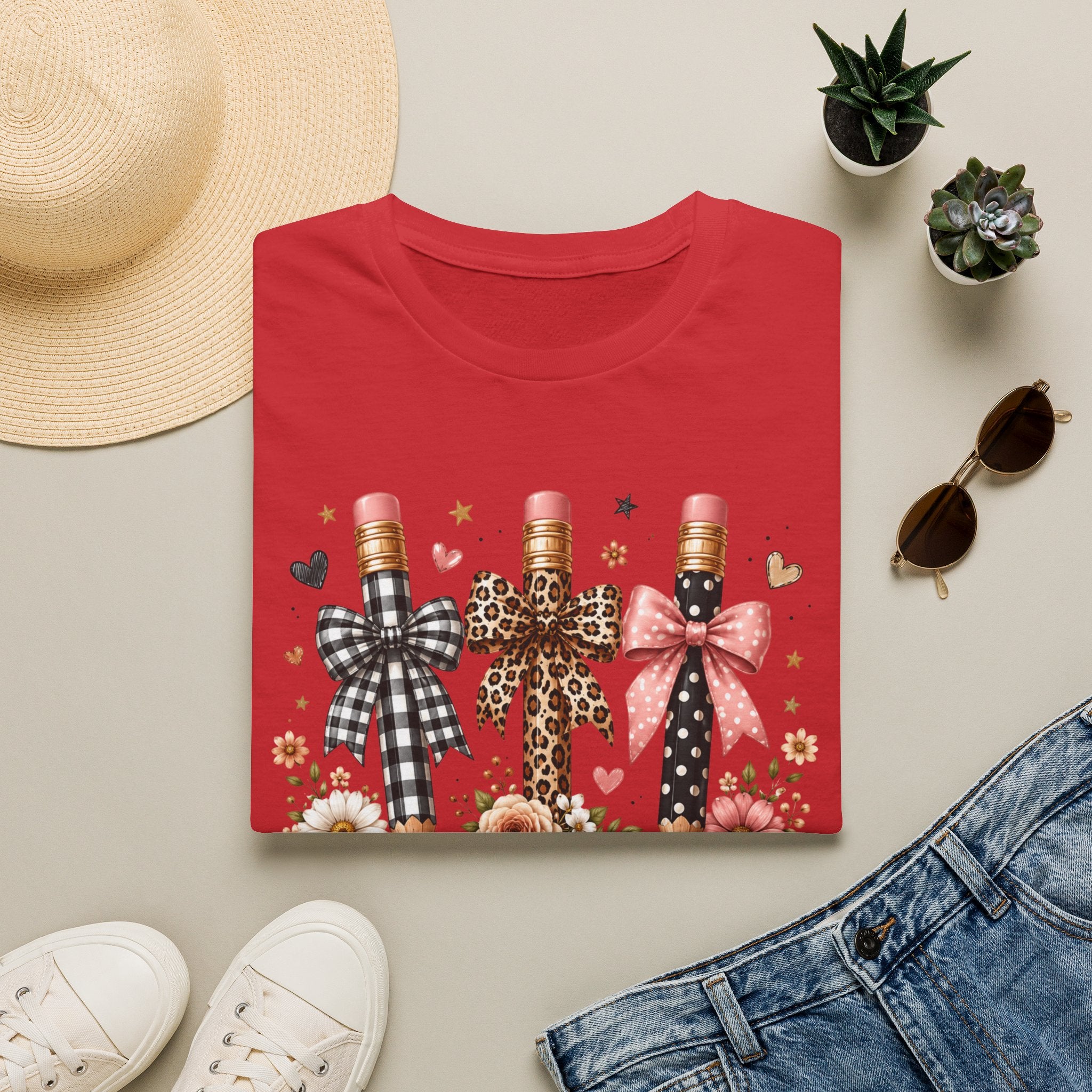 Teacher Pencil Bows T-Shirt — Cute Floral Teacher Appreciation Tee