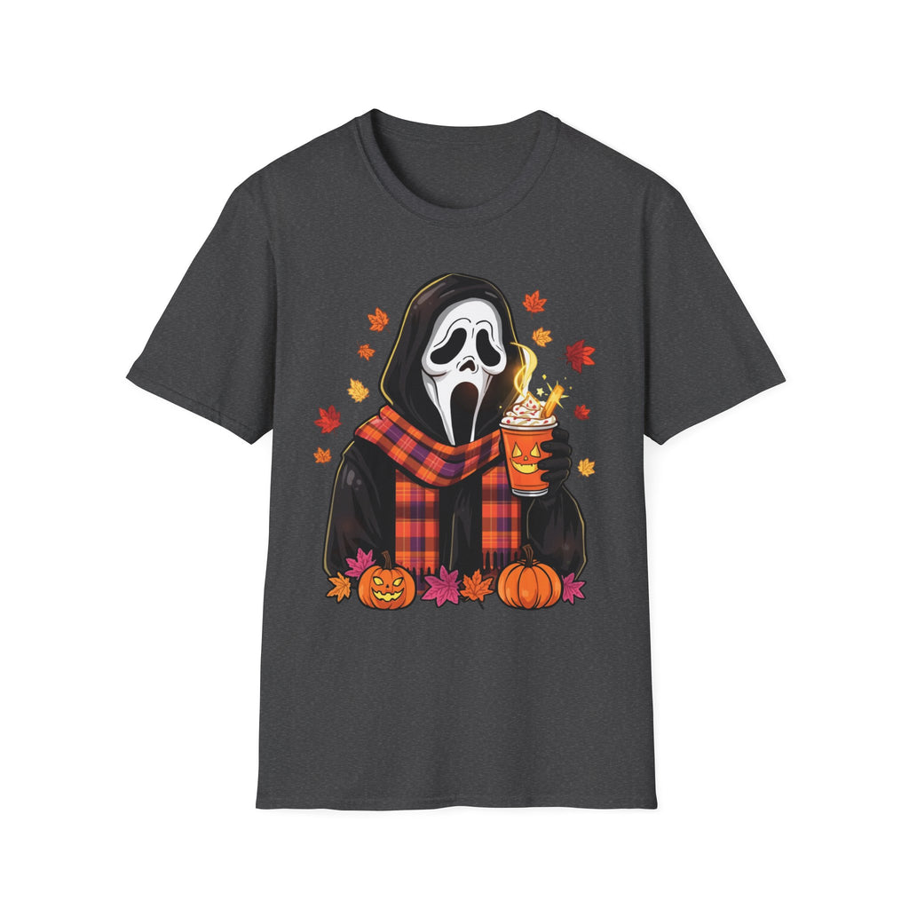 Halloween Scream Mask T‑Shirt — Cozy Fall Pumpkin & Hot Cocoa Graphic Tee