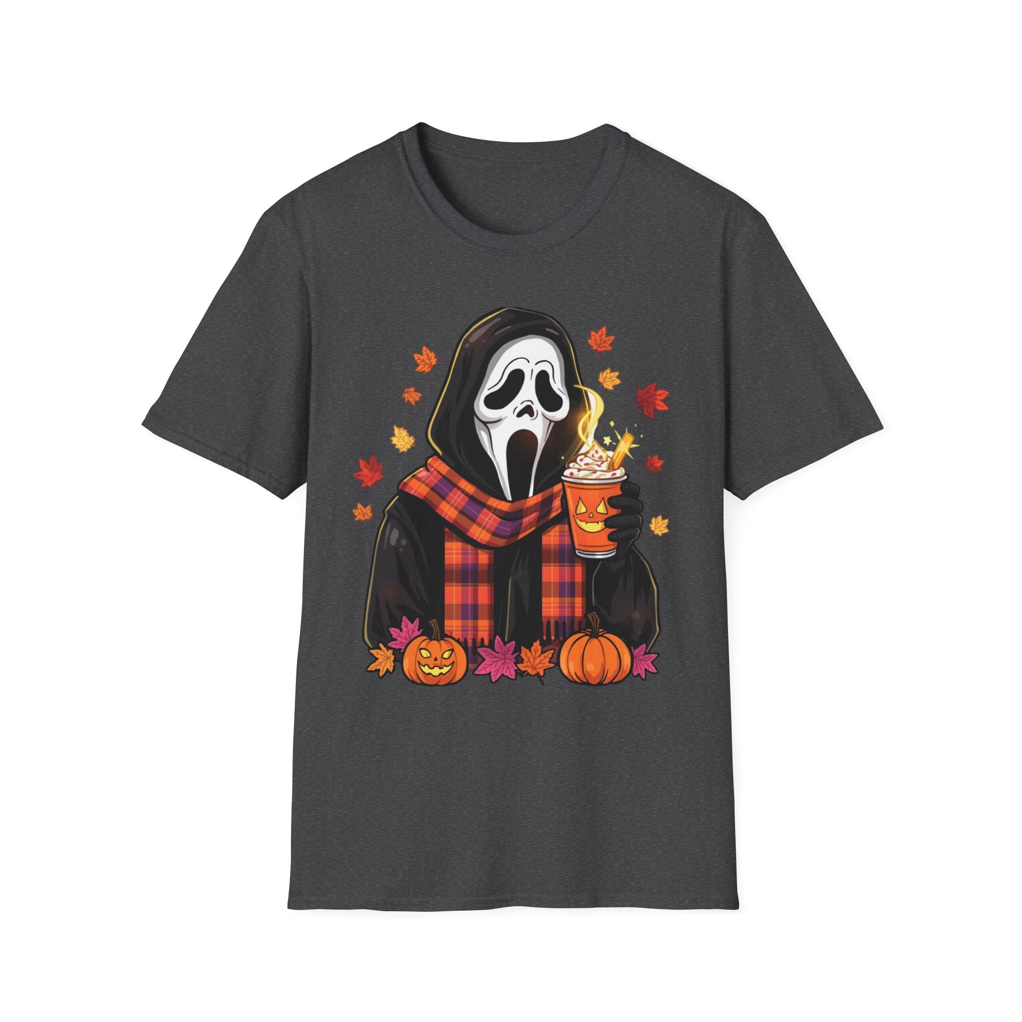 Halloween Scream Mask T‑Shirt — Cozy Fall Pumpkin & Hot Cocoa Graphic Tee