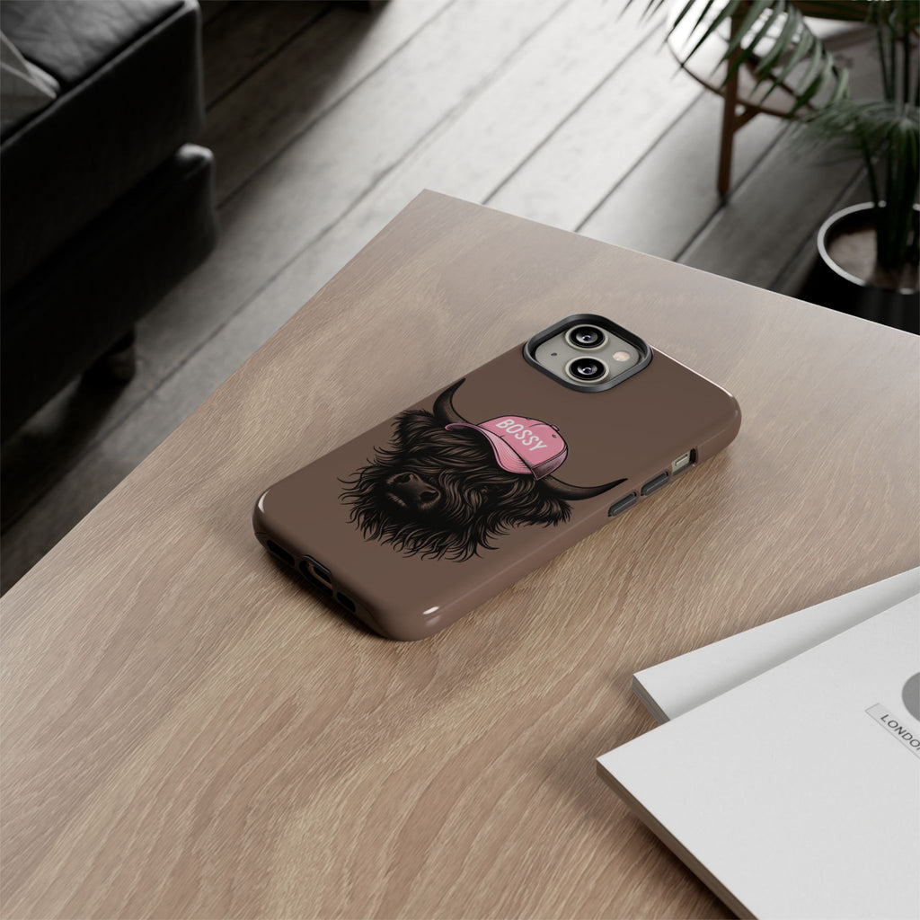 Phone Case — Highland Cow Wearing 'BOSSY' Pink Hat, Cute Farm Animal Protective Cover