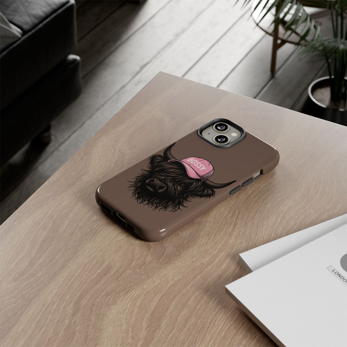Phone Case — Highland Cow Wearing 'BOSSY' Pink Hat, Cute Farm Animal Protective Cover