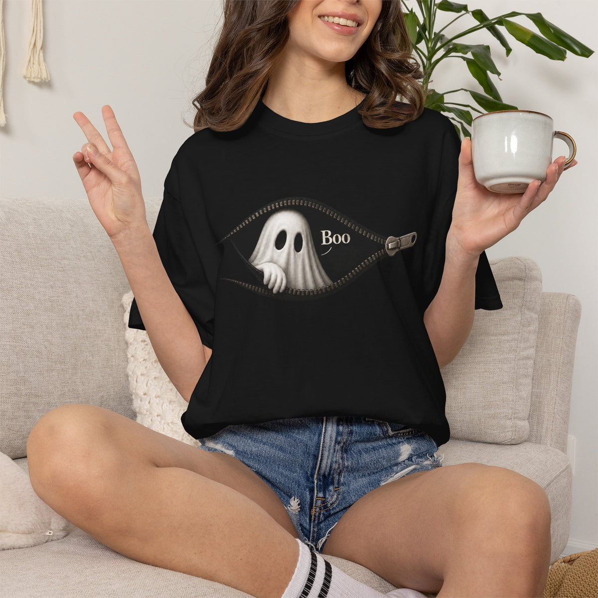 Ghost Peek T-Shirt — "Boo" Zipper Graphic Halloween Tee