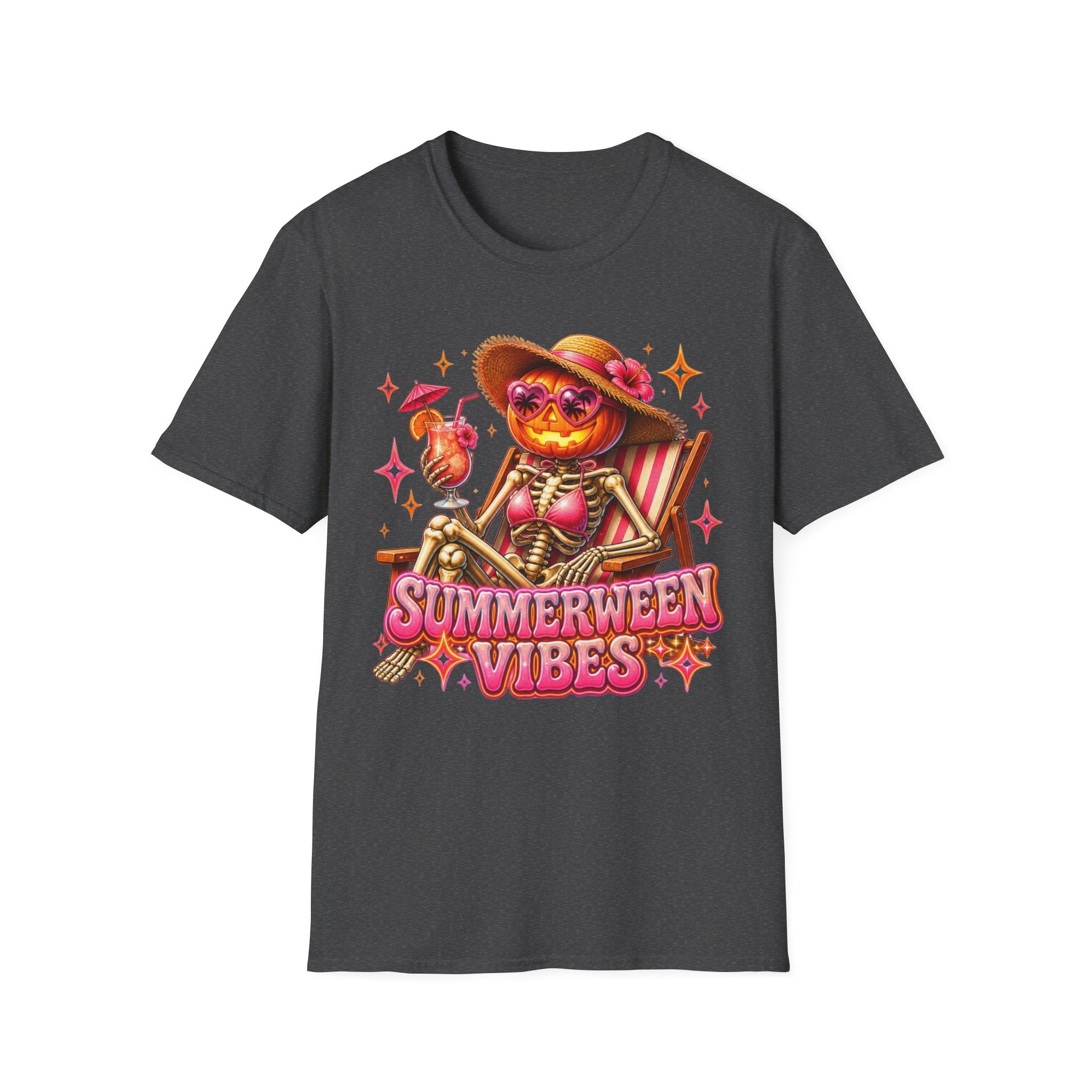 Summerween Vibes T-Shirt — Pumpkin Skeleton Beach Tee