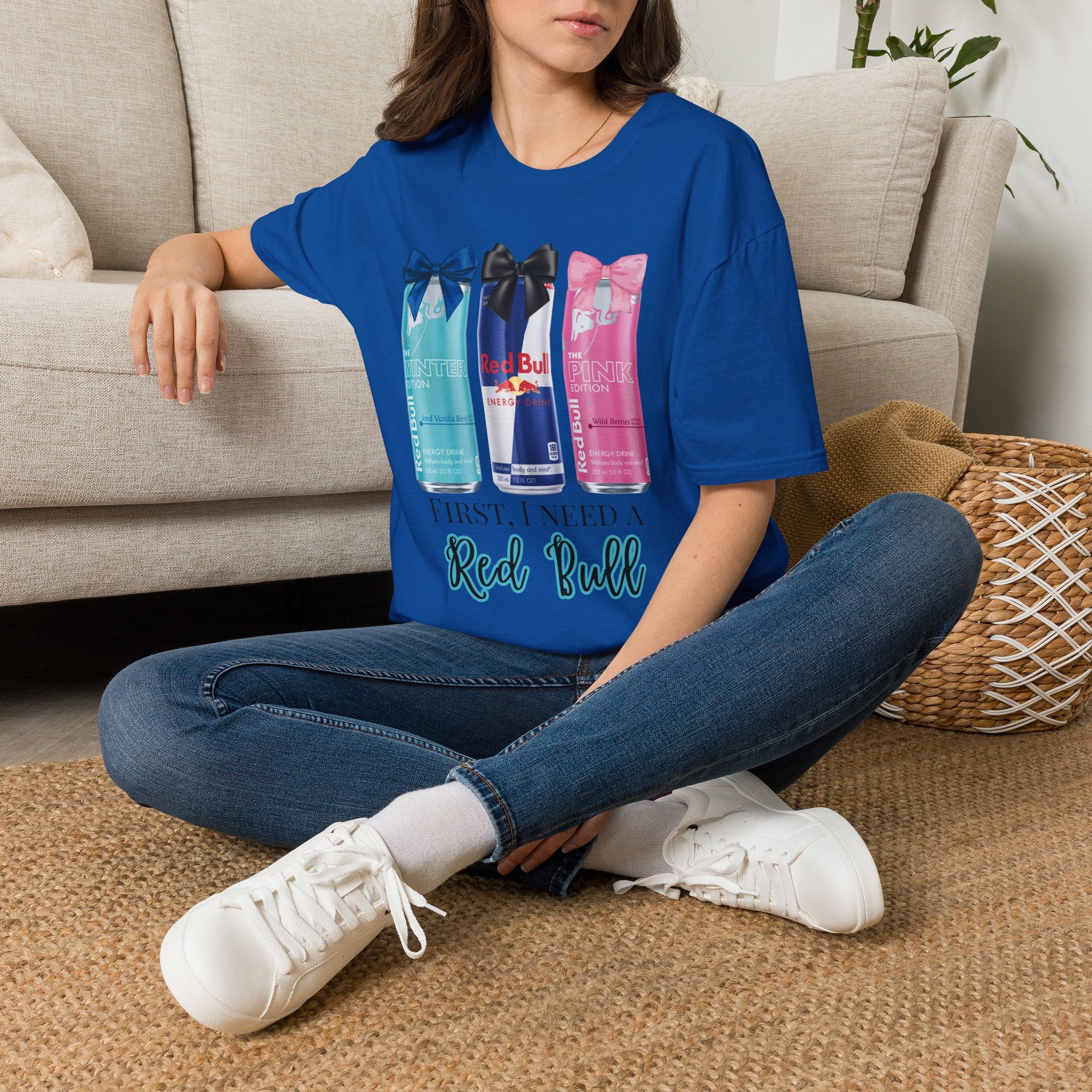 Red Bull Cans Graphic T-Shirt — “First I Need Red Bull” Energy Drink Tee