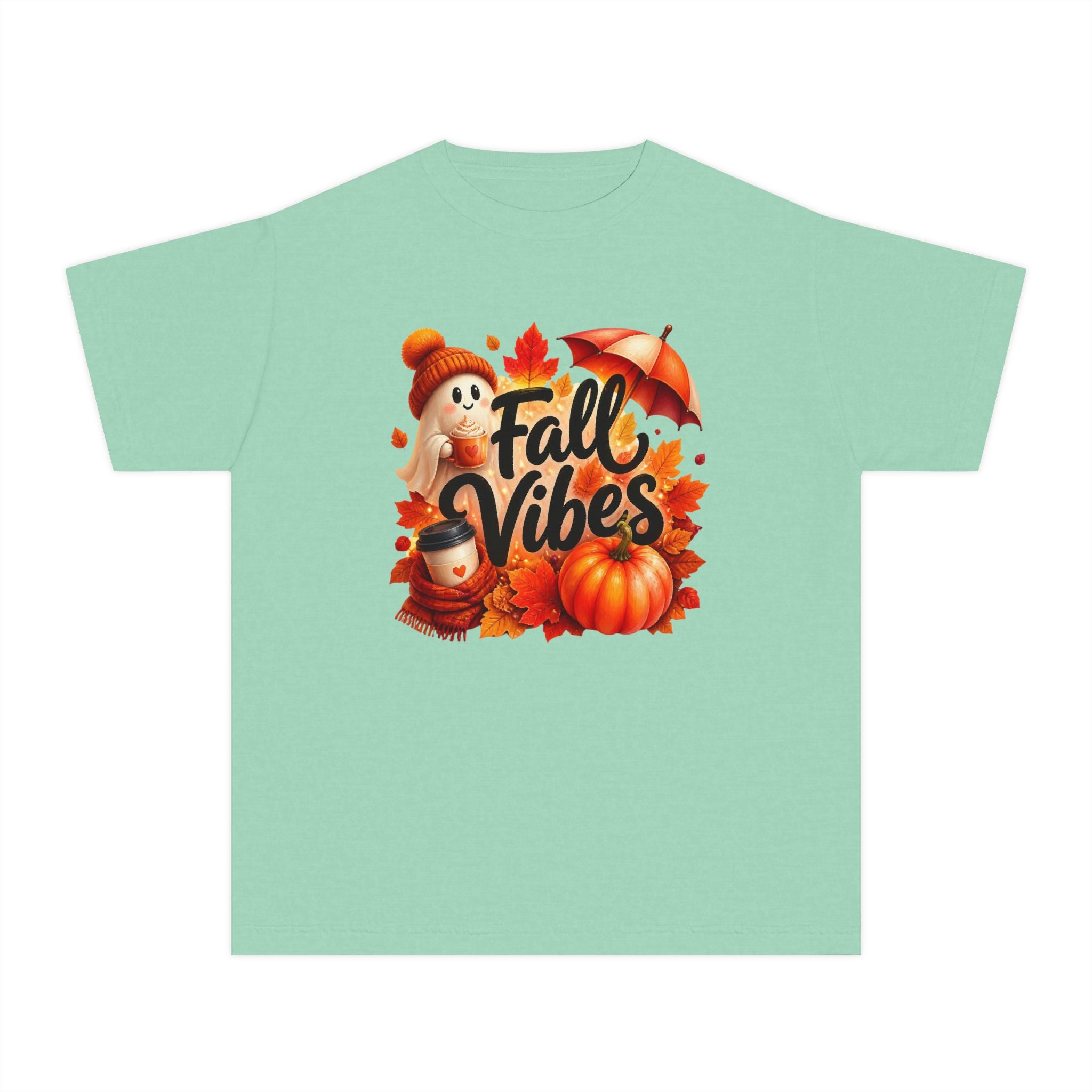 Fall Vibes Youth Tee — Cute Pumpkin, Leaves & Scarecrow Autumn Shirt