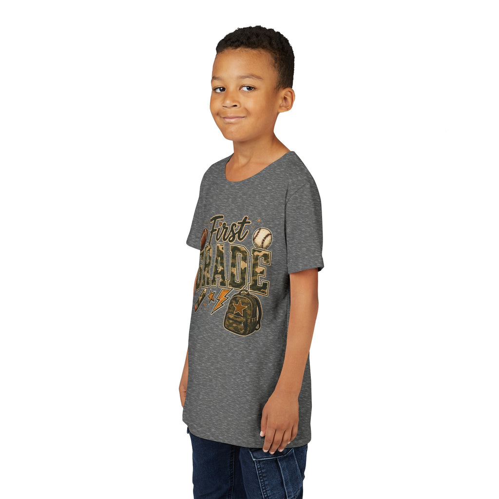 First Grade Kids T‑Shirt — Back to School Sports Backpack Design