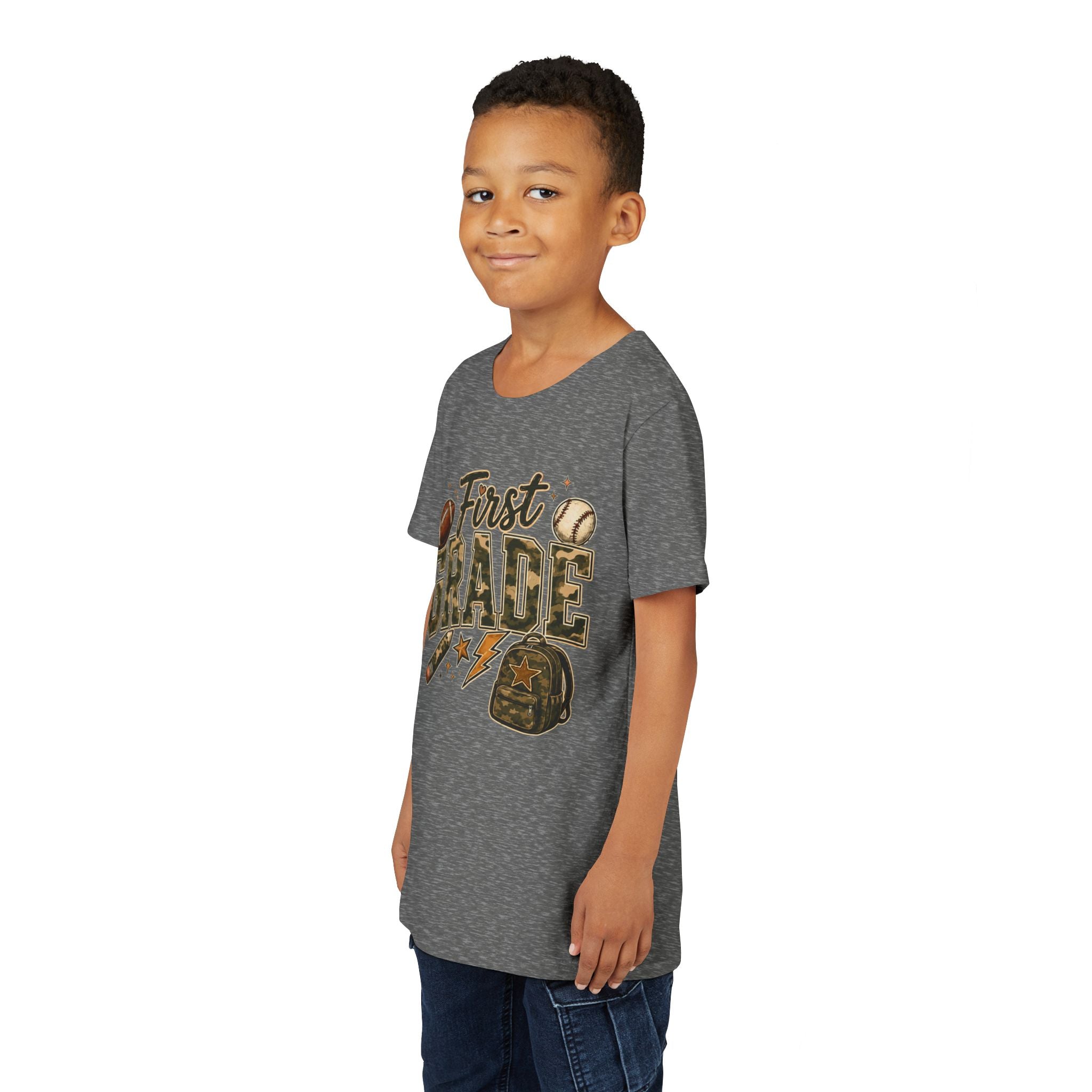 First Grade Kids T‑Shirt — Back to School Sports Backpack Design