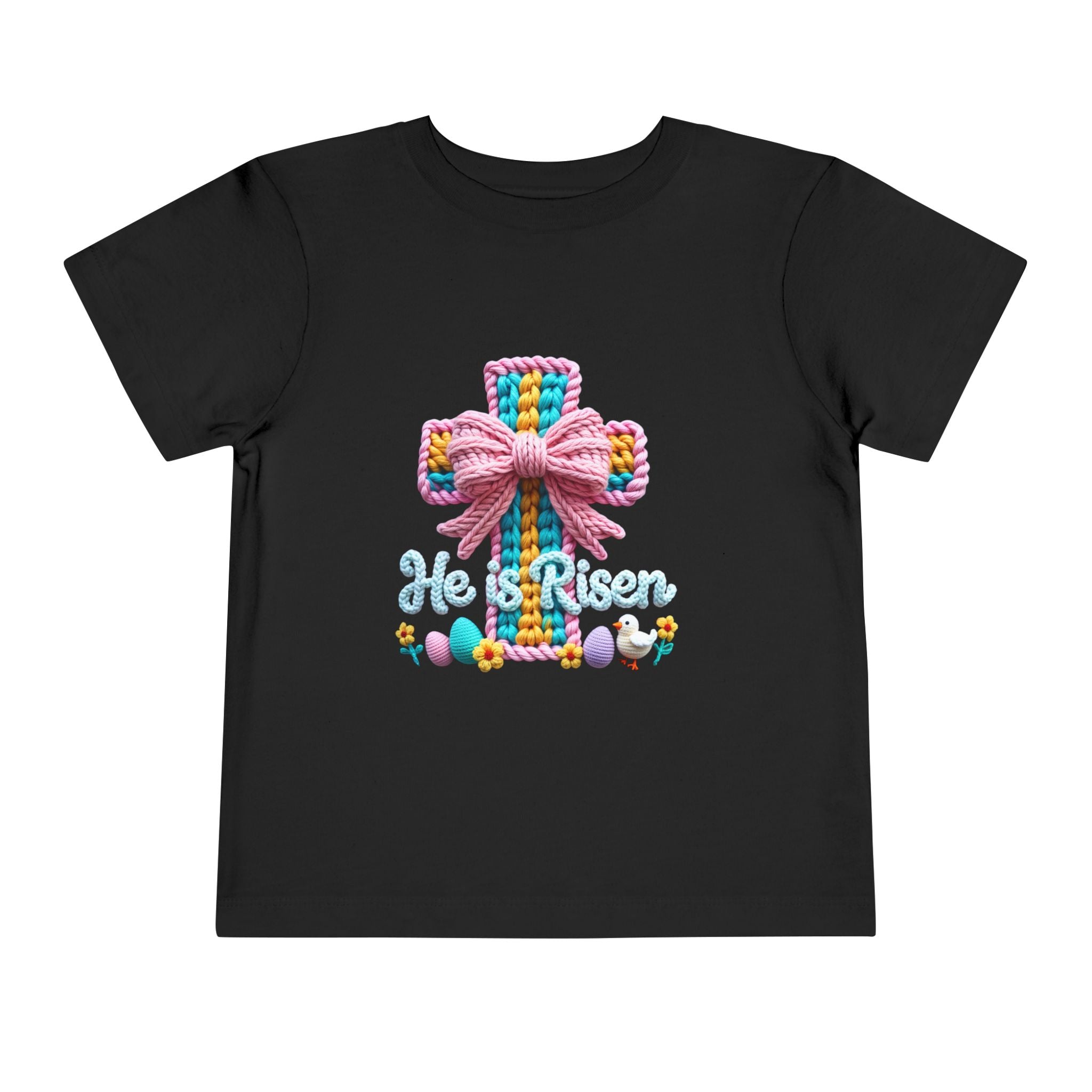 Easter Cross Toddler Tee — Colorful Knit Cross with "He is Risen" & Easter Eggs