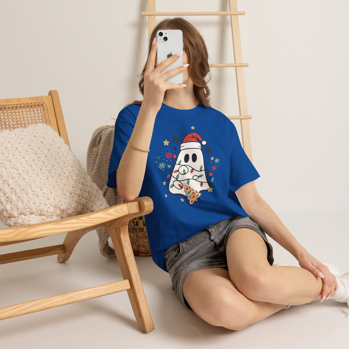 Christmas Ghost T-Shirt — Cute Haunted Holiday Tee with Santa Hat & Lights