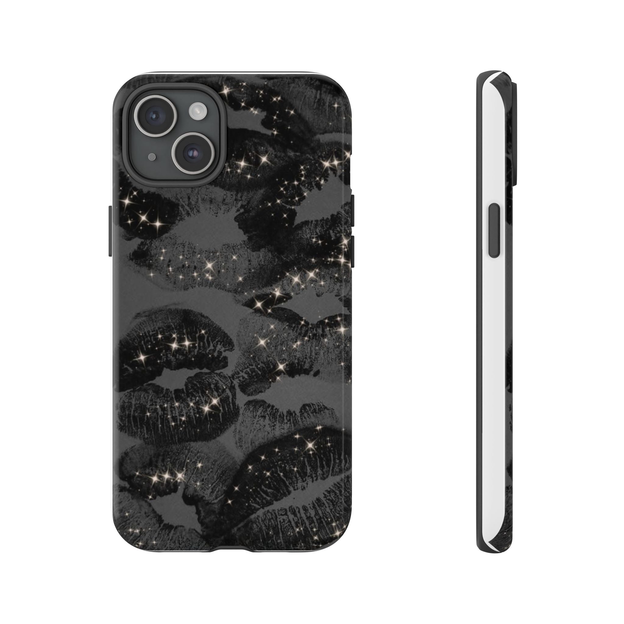 Black Glitter Kiss Phone Case — Sparkling Lip Print Protective Cover