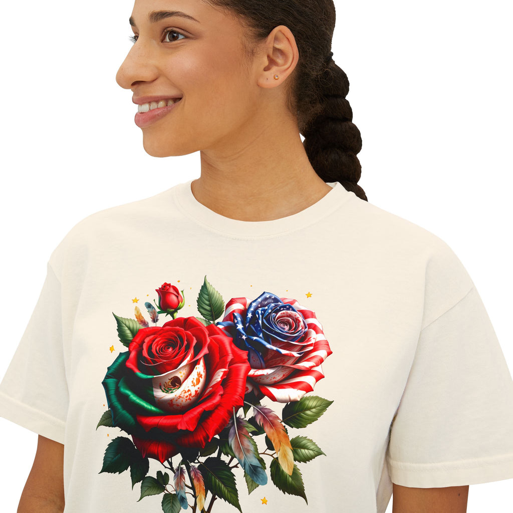 Women’s Boxy Tee — Vintage Red & Blue Rose Floral Graphic