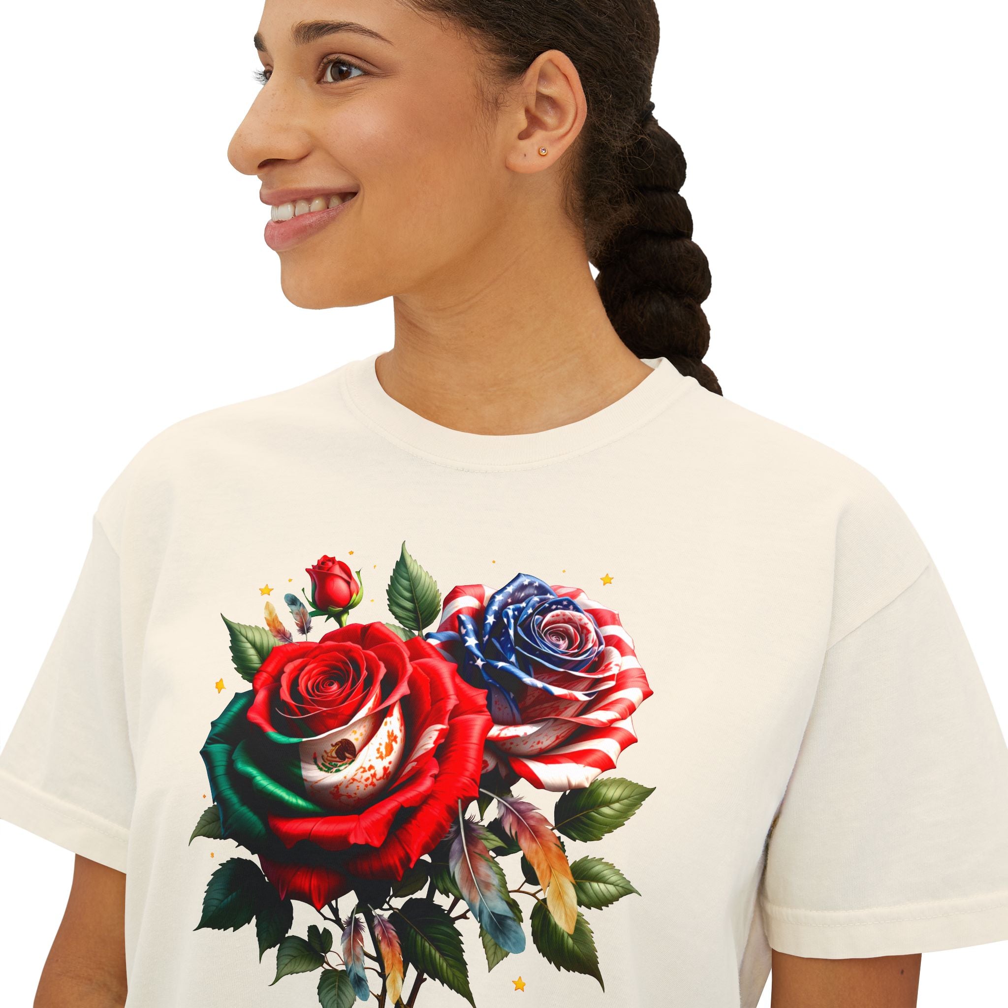 Women’s Boxy Tee — Vintage Red & Blue Rose Floral Graphic
