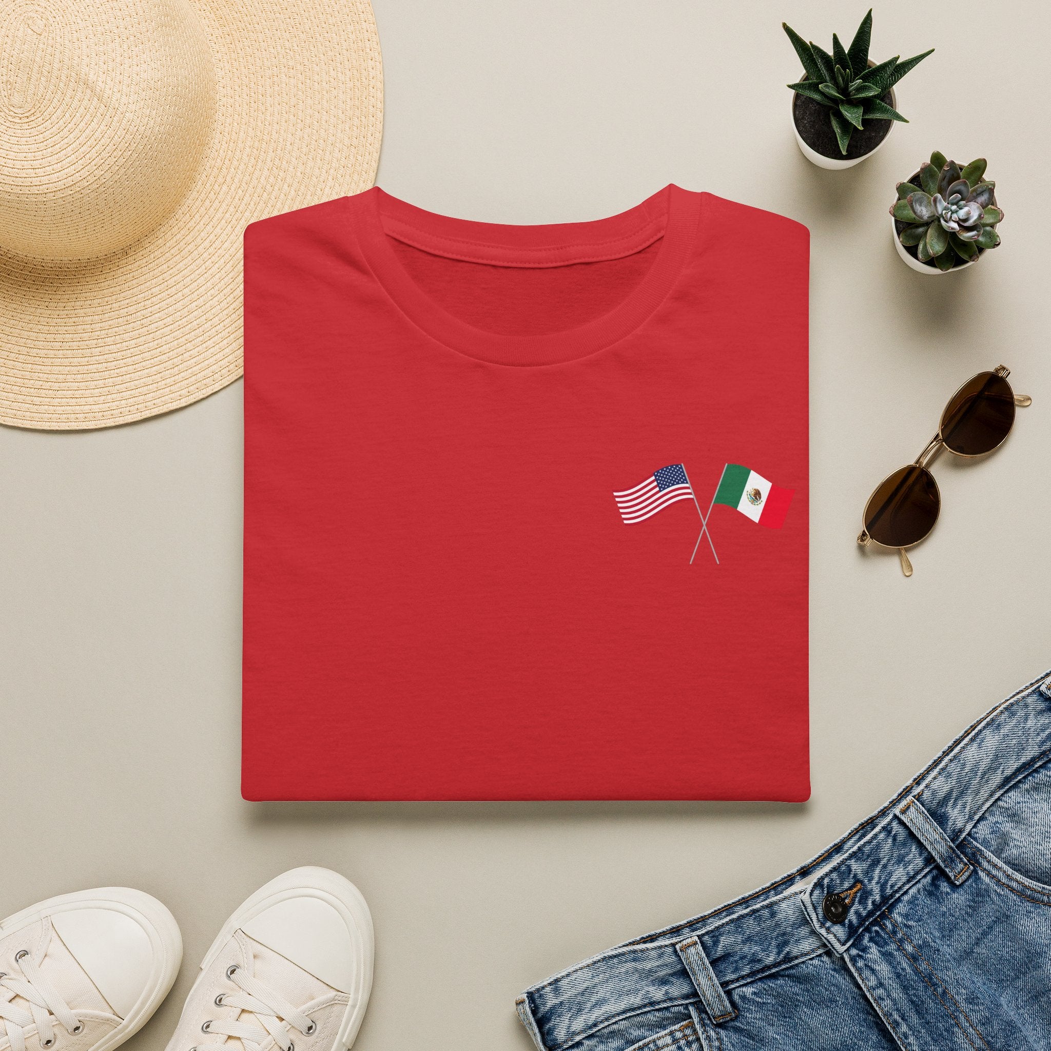 USA Mexico Flag T-Shirt — Small Crossed American & Mexican Flags Tee