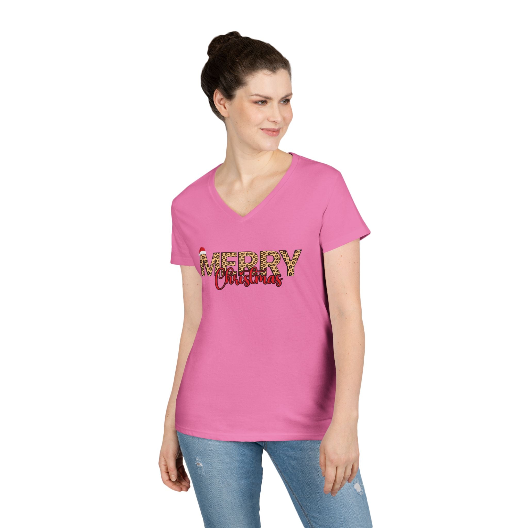 Merry Christmas Leopard Print V-Neck Tee