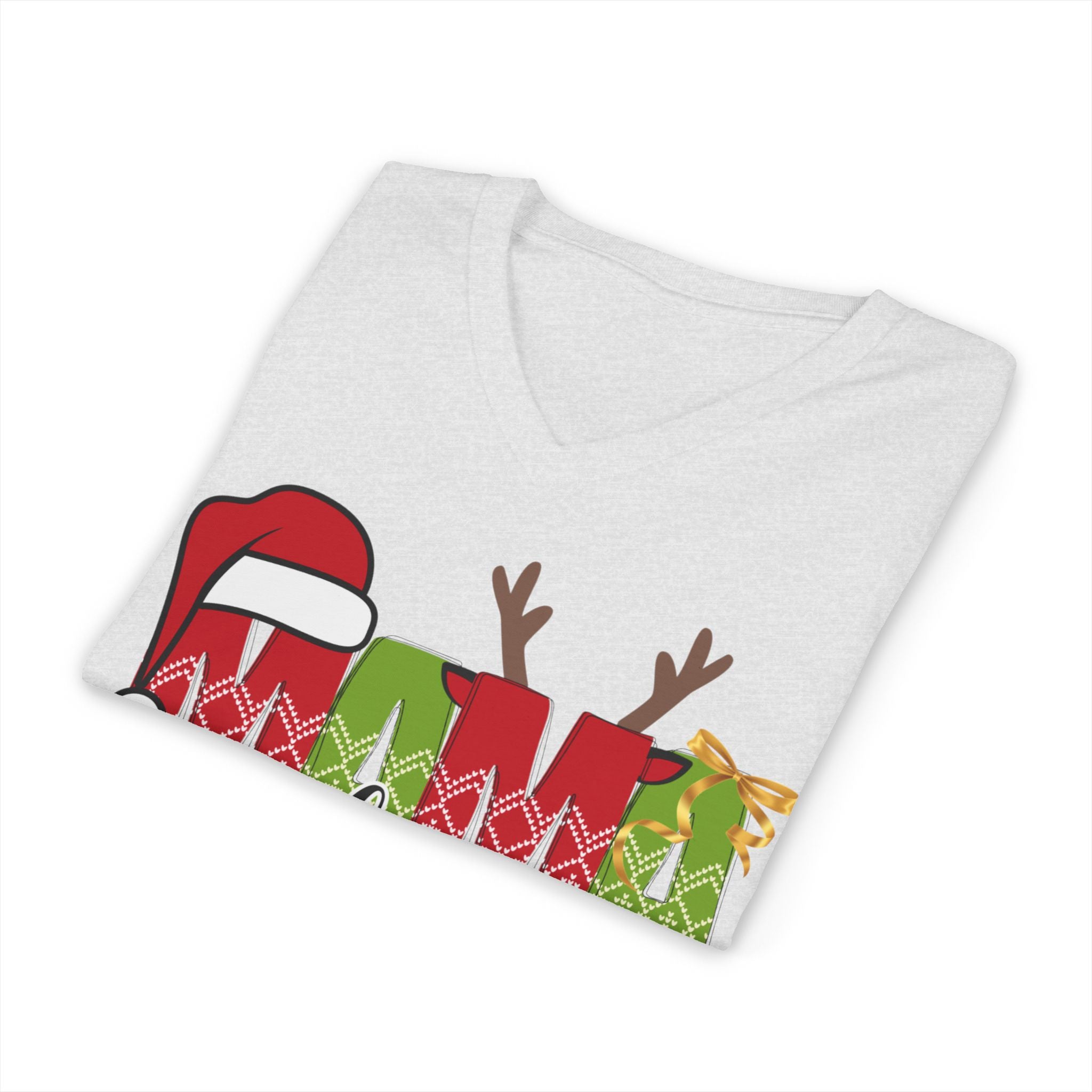 Mom Claus V-Neck Tee — Christmas Holiday Family Graphic Shirt