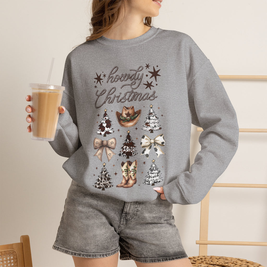 Howdy Christmas Sweatshirt — Western Cowboy Holiday Crewneck with Boots & Trees