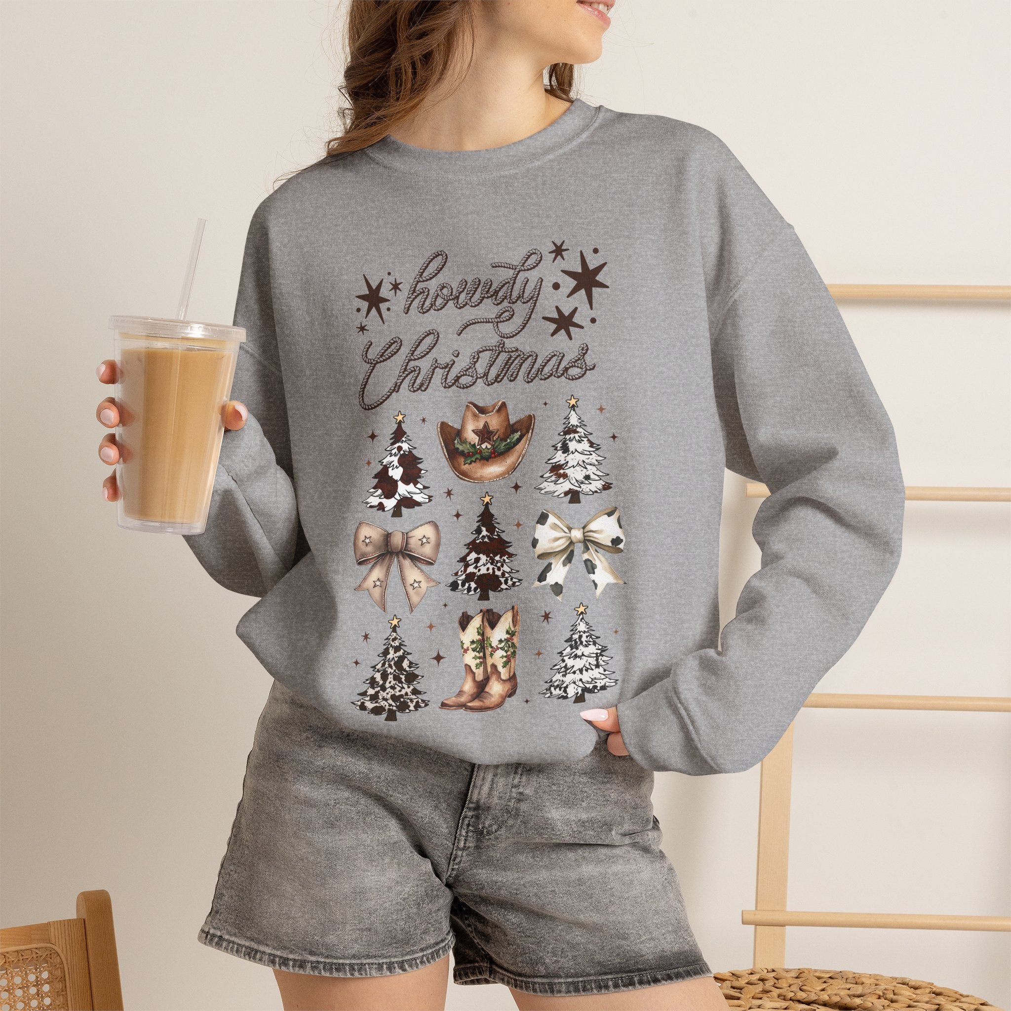 Howdy Christmas Sweatshirt — Western Cowboy Holiday Crewneck with Boots & Trees