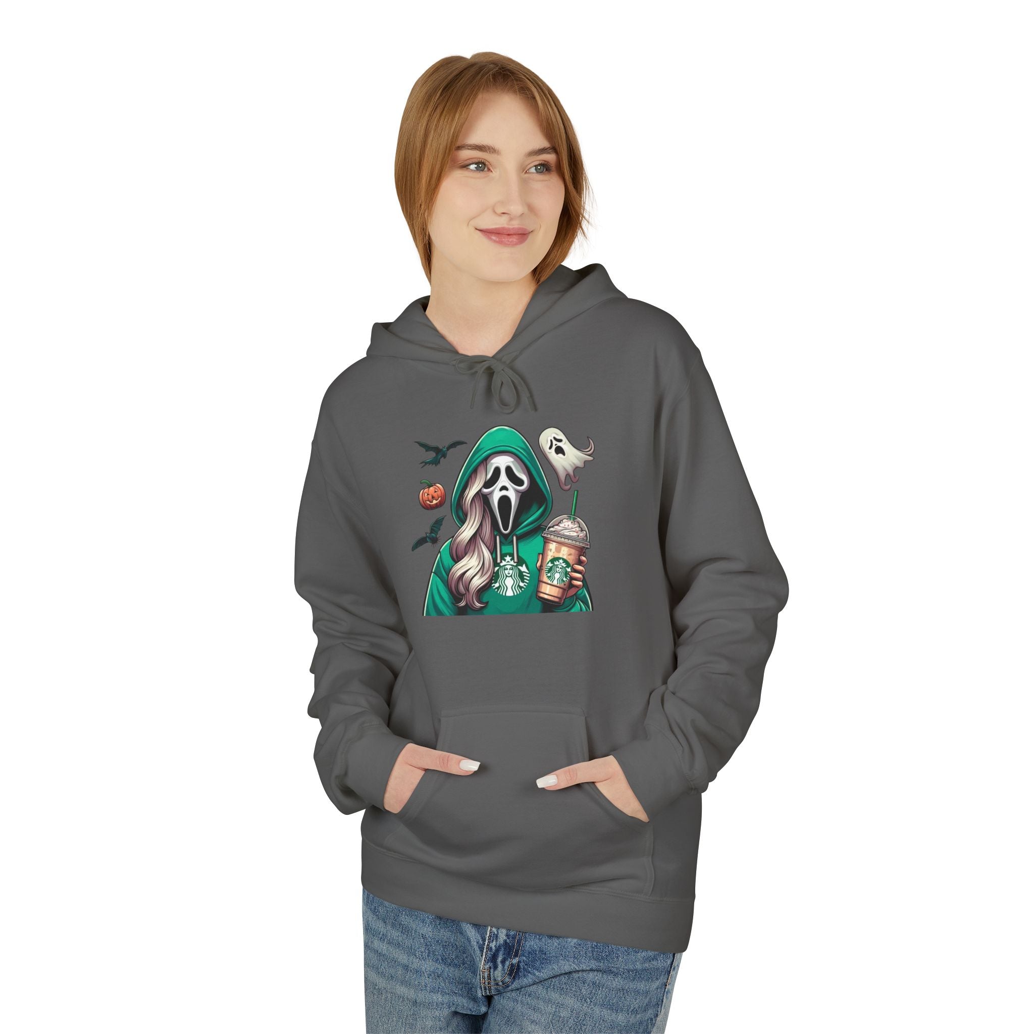 Halloween Ghost Rider Hoodie — Cute Grim Reaper with Pumpkin & Coffee Graphic